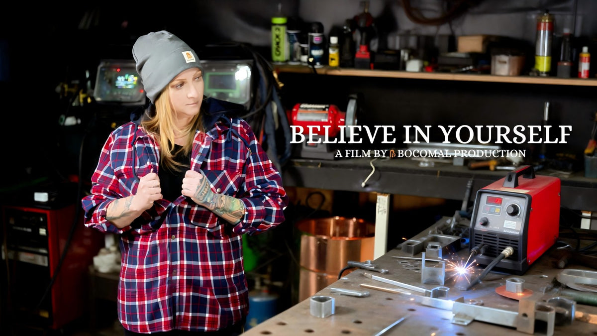 Kristina Harris in a welding shop, Believe in Yourself
