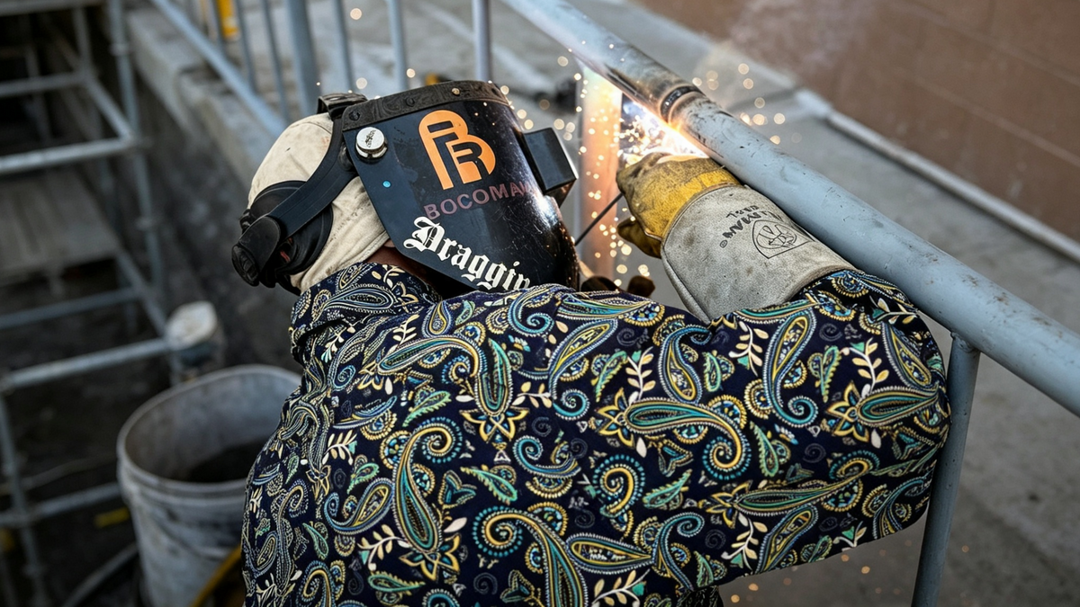 Welder in a patterned work shirt near flying sparks