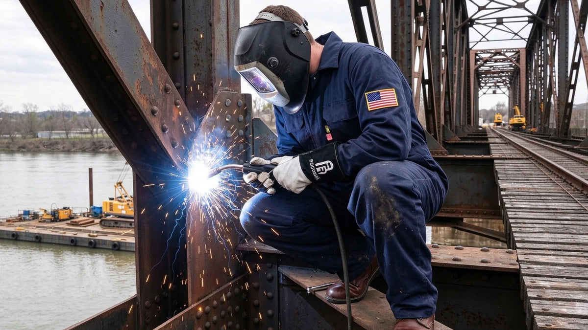 Welder in navy FR coverall on steel bridge