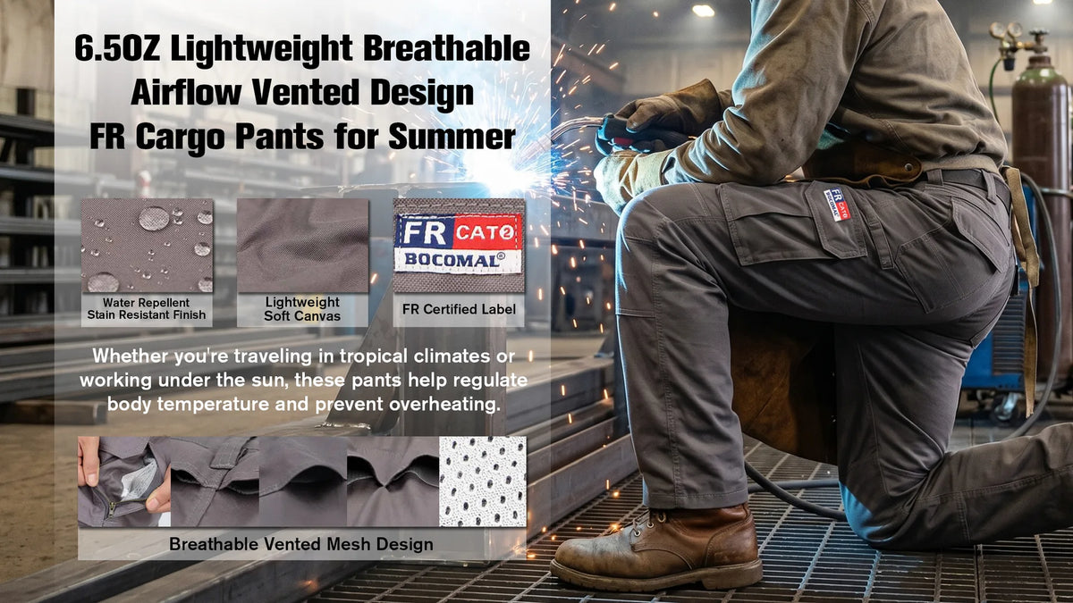 Welder kneeling in gray FR cargo pants