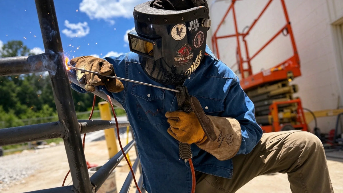 Welder in blue FR shirt welding outdoors