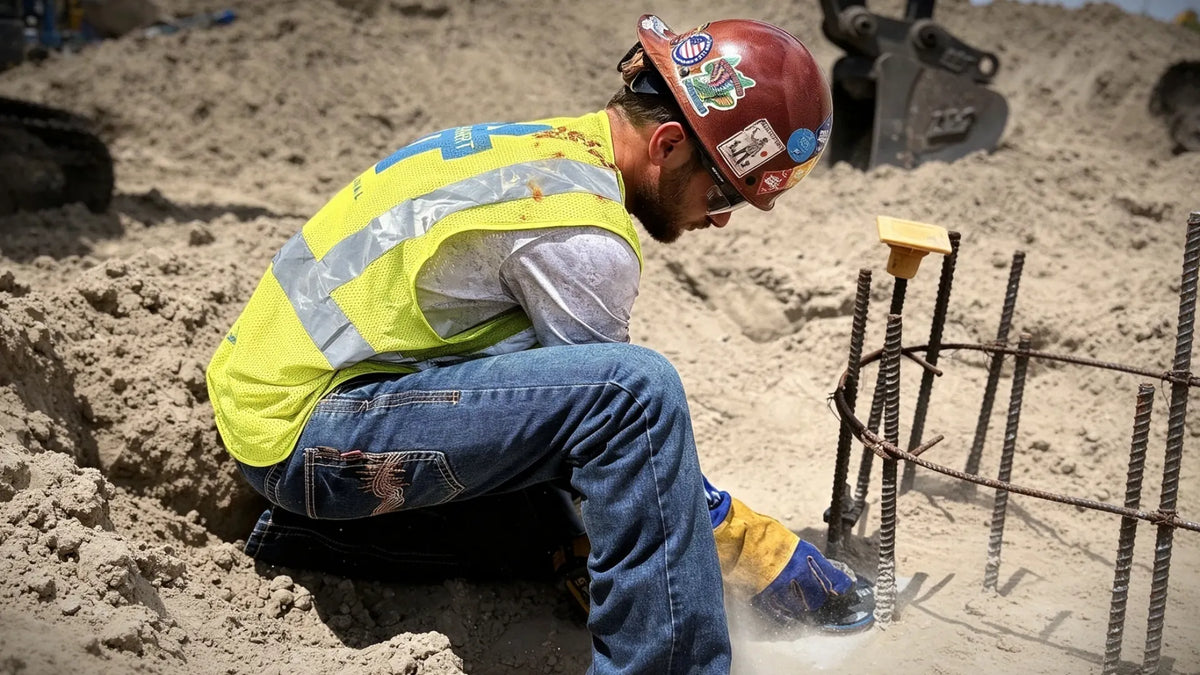 Construction worker kneeling in high-visibility FR clothing