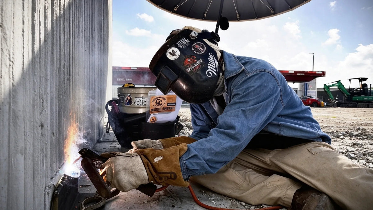 Lineworker welding pipe in FR workwear