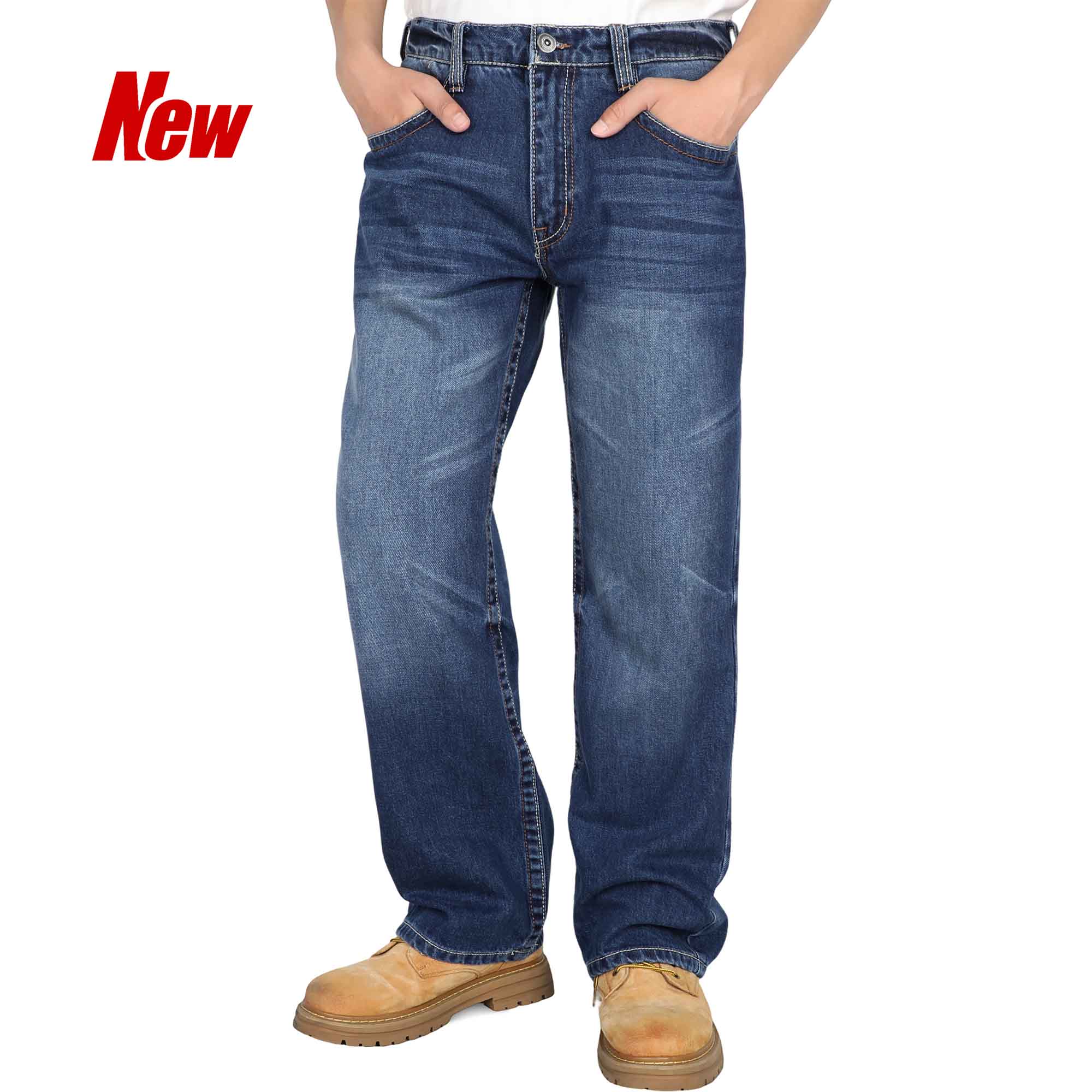 FR relaxed fit straight‑leg denim work jeans, worn with work boots