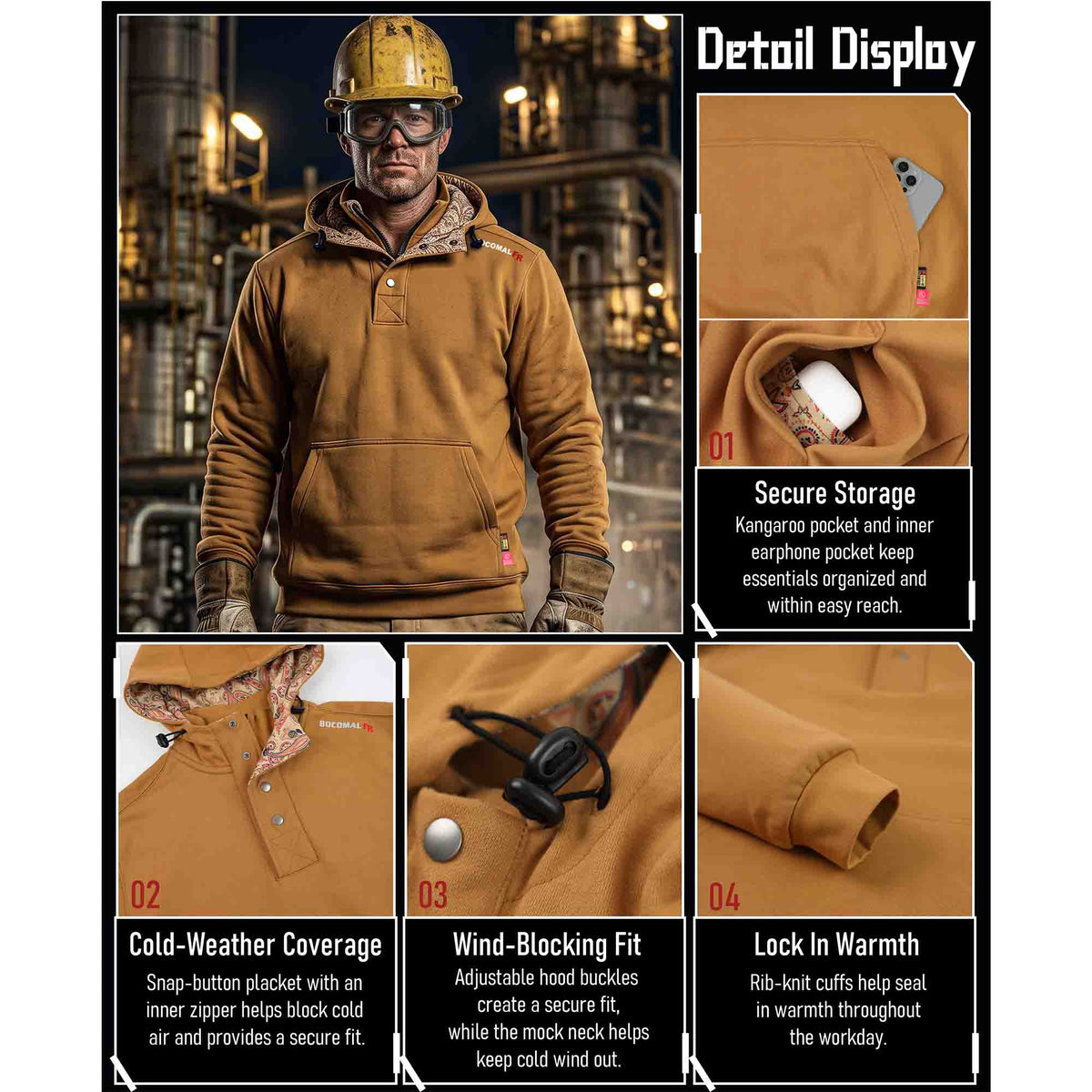 10.5 oz FR Quarter Zip Flapped Mock Neck Hooded Fleece Sweatshirts - C709