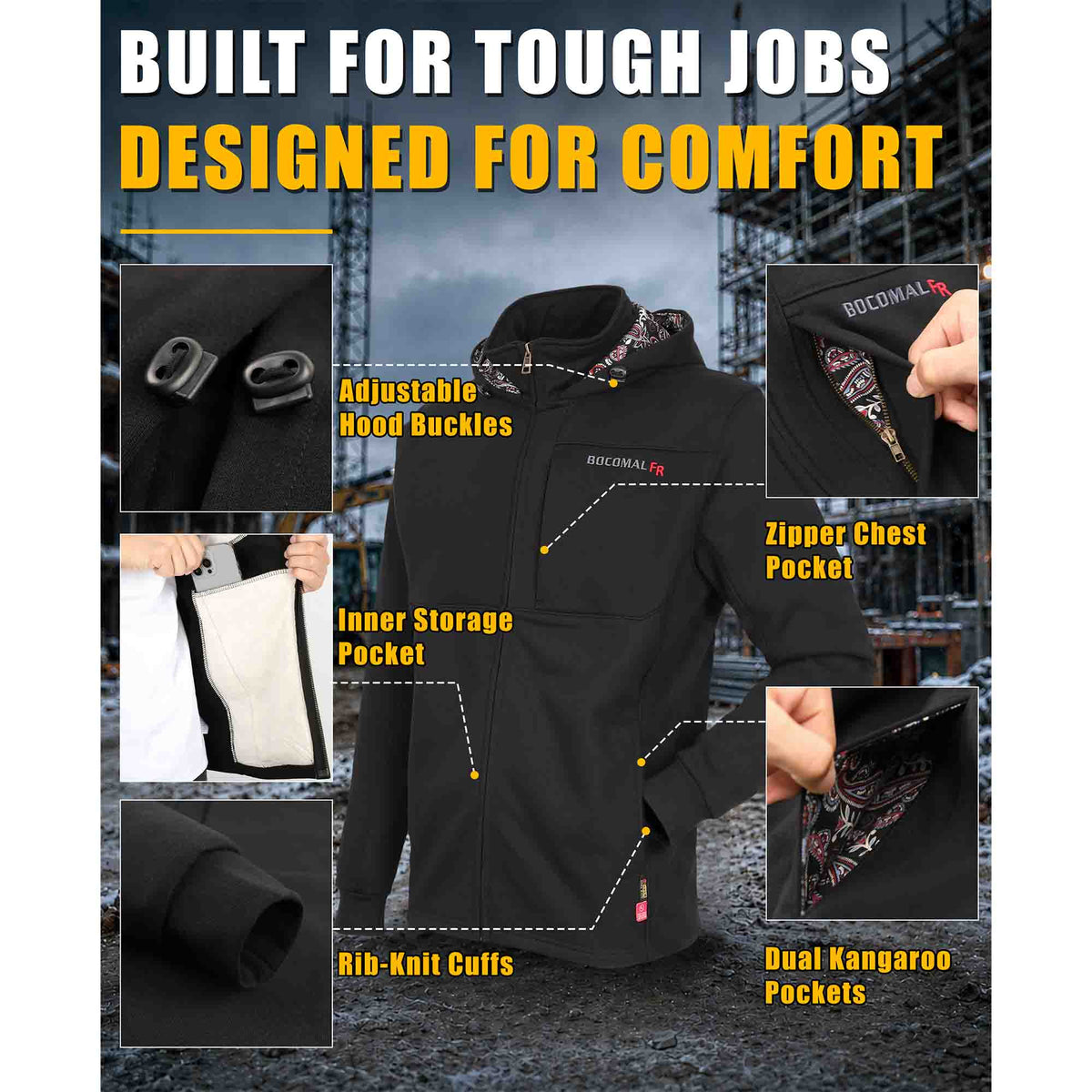 12 oz Fleece Zip Up Mock Neck Hooded FR Jackets - C631