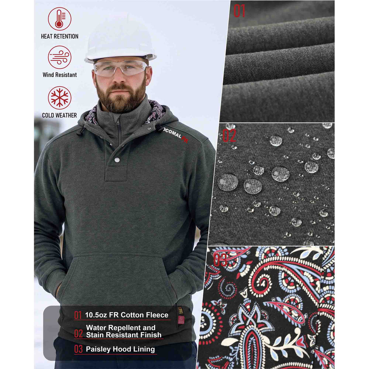 10.5 oz FR Quarter Zip Flapped Mock Neck Hooded Fleece Sweatshirts - C709