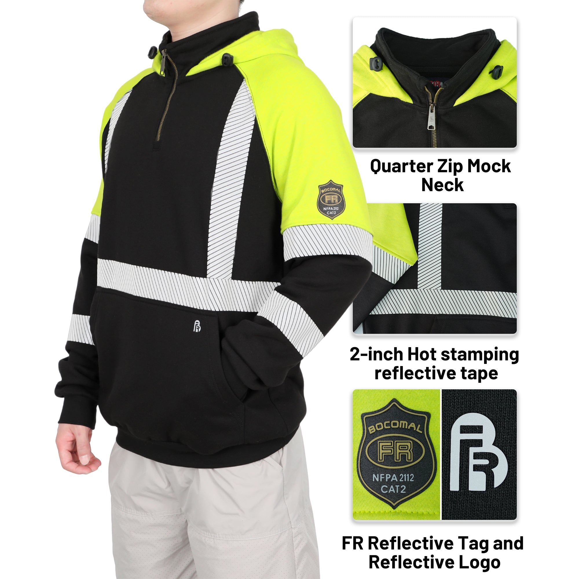 12OZ Heavyweight Cotton Fleece Reflective FR Hi-Vis Hoodies-8931HV