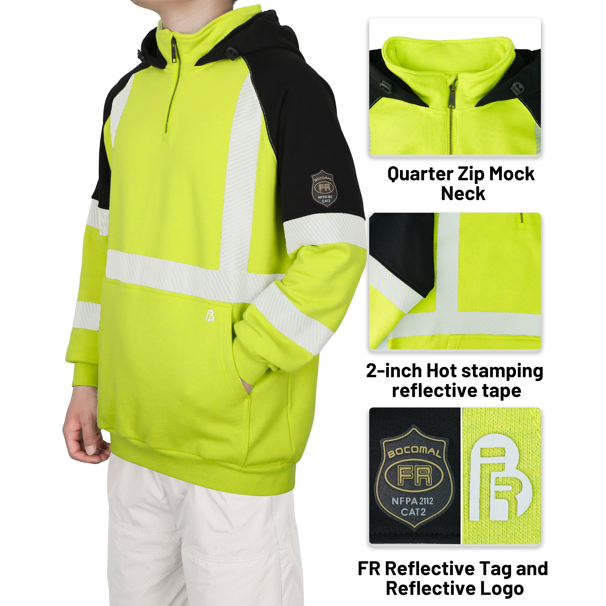 12OZ Heavyweight Cotton Fleece Reflective FR Hi-Vis Hoodies-8931HV