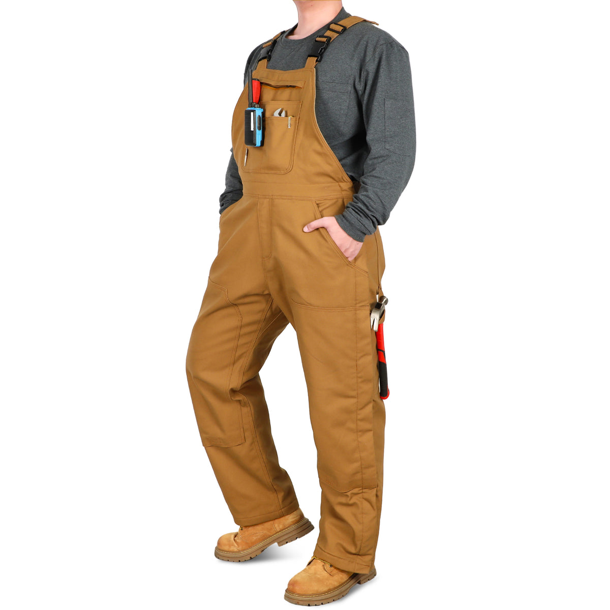 Bocomal 8704 khaki zip-front insulated FR bib overalls side view