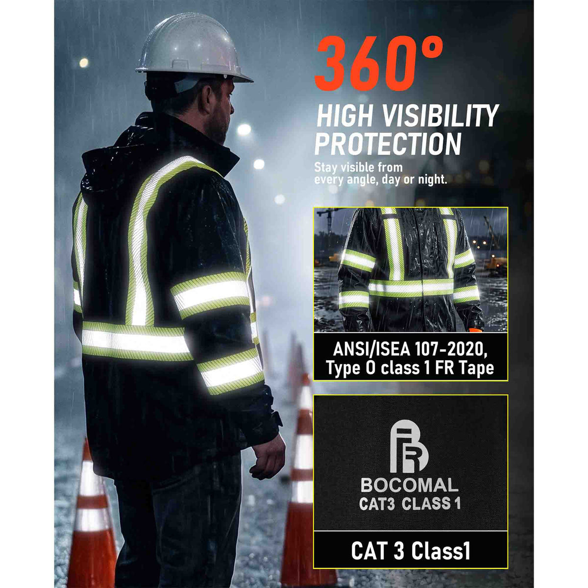 CAT3 FR Winter Rain Jacket, Hi‑Vis Type R Class3 Fleece‑Lined Waterproof Coat