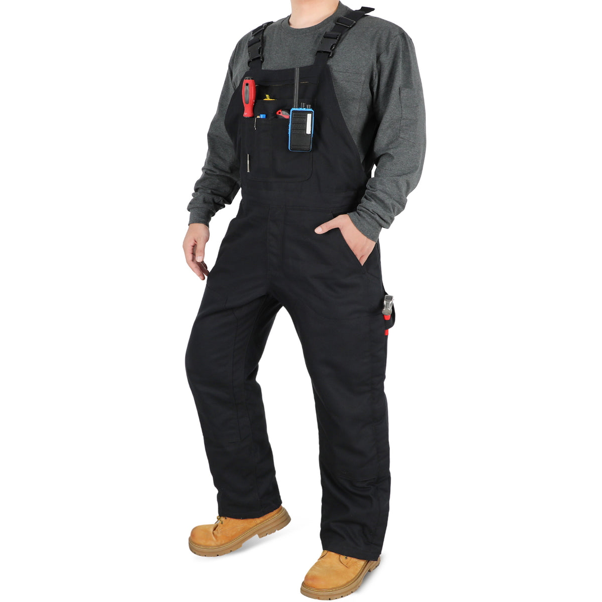 Bocomal 8704 black zip-front insulated FR bib overalls side view