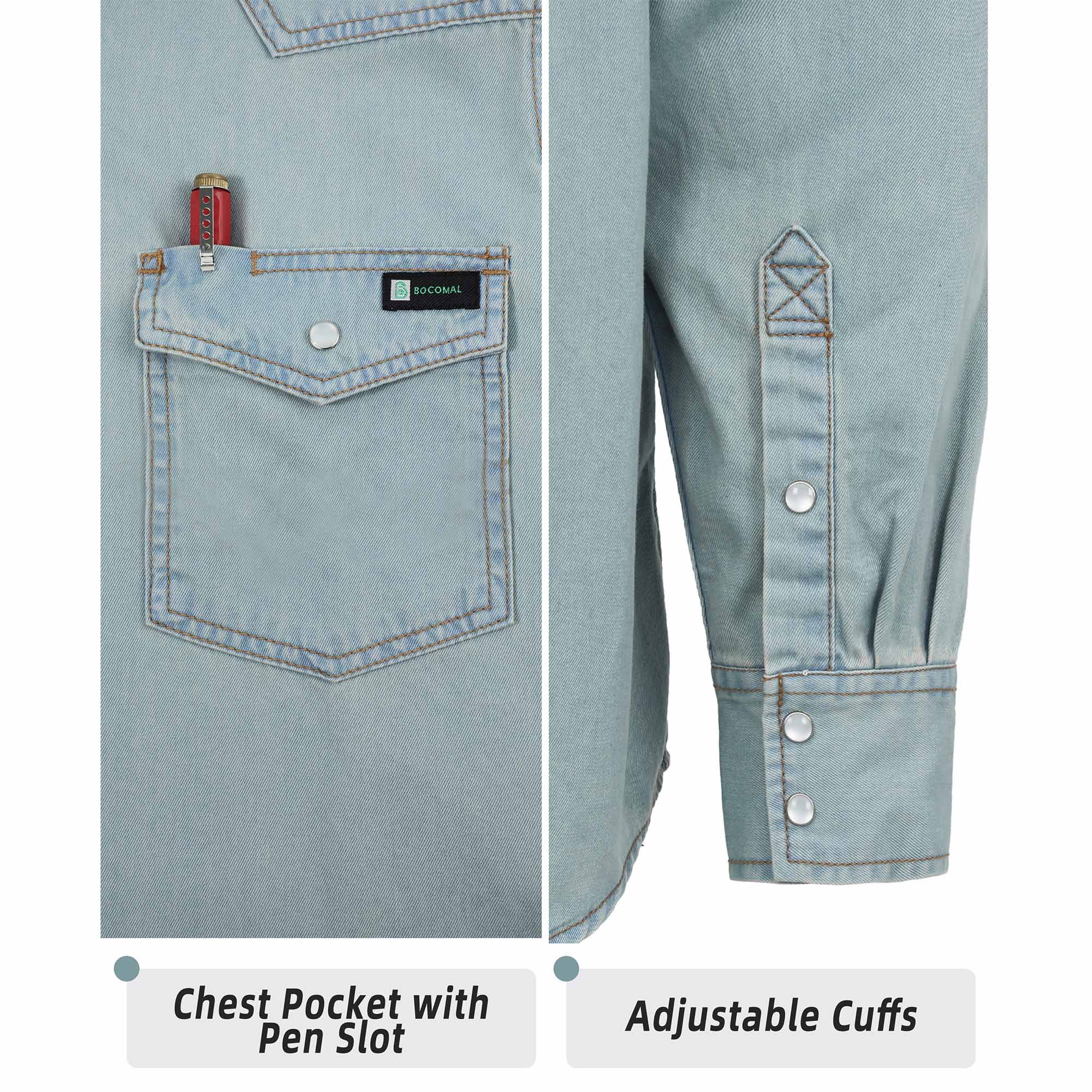 6.5OZ Work Shirts Vintage Washed Lightweight Soft Denim Pearl Snap Down-Relaxed Fit (Non FR)-0930