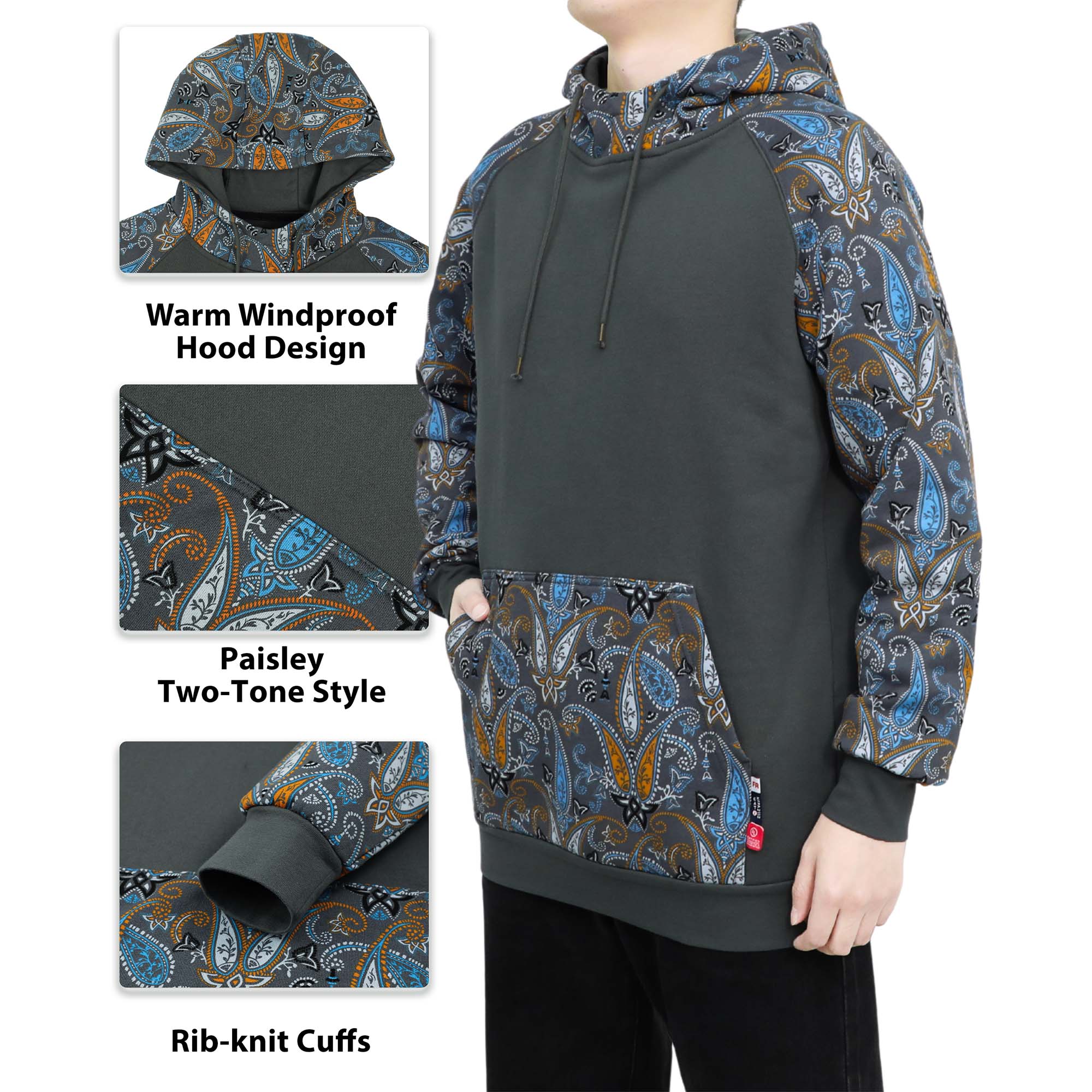 10.5OZ Paisley Printed Two Tone Cotton Fleece FR Pullover Hoodies-1109P