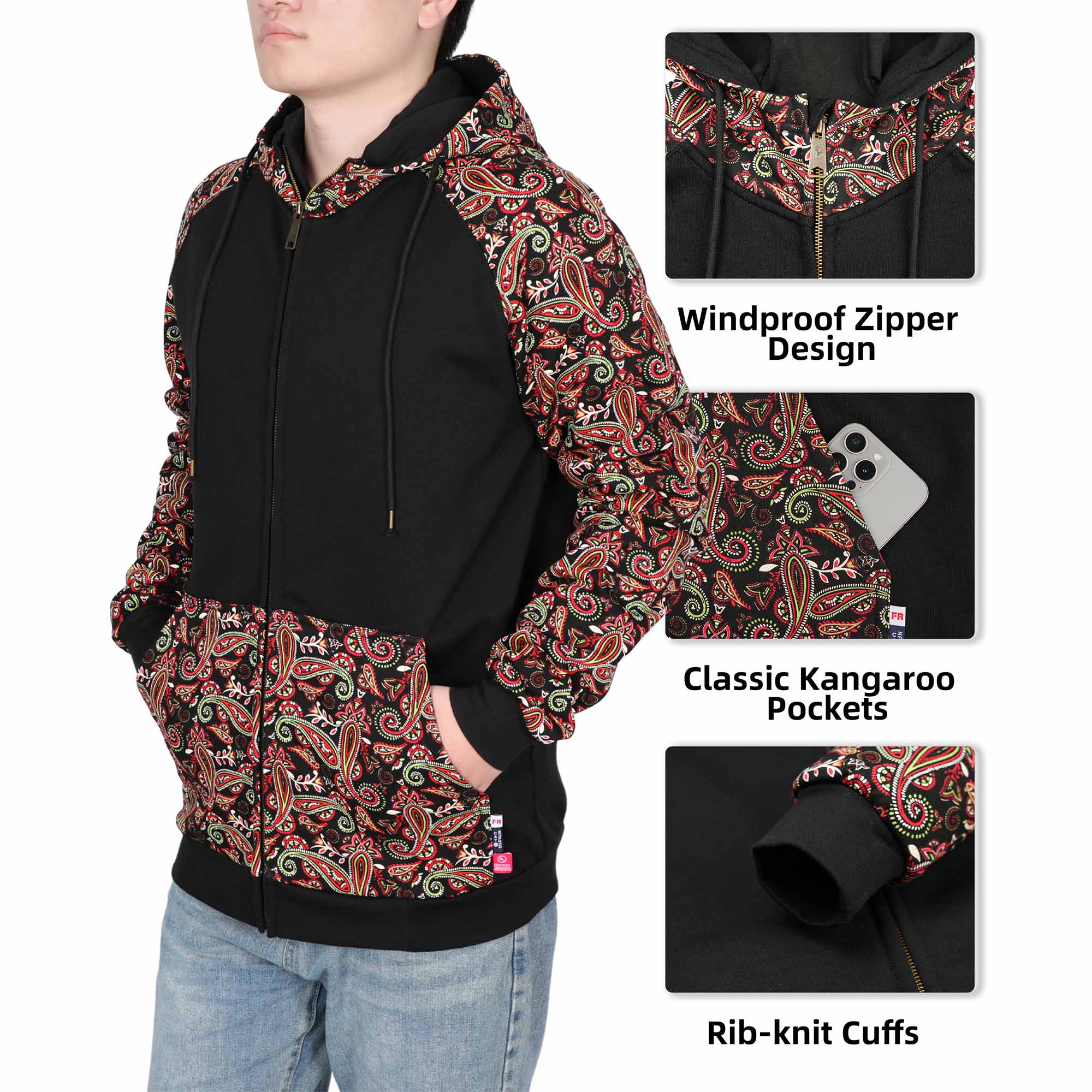 10.5OZ Cotton Fleece Paisley Printed Zipper Front FR Hooded Sweatshirts -9909P