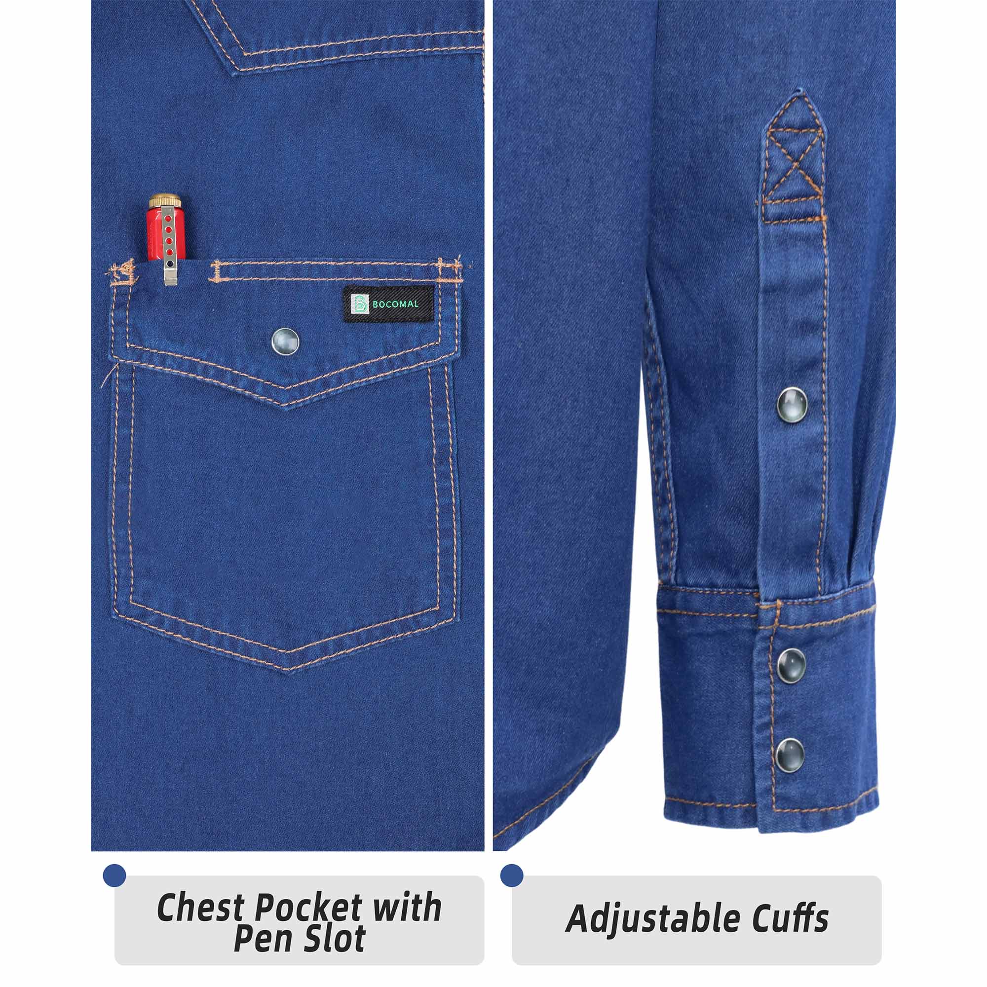 6.5 oz Washed Denim Pearl Snap Work Shirt 0930 | Bocomal