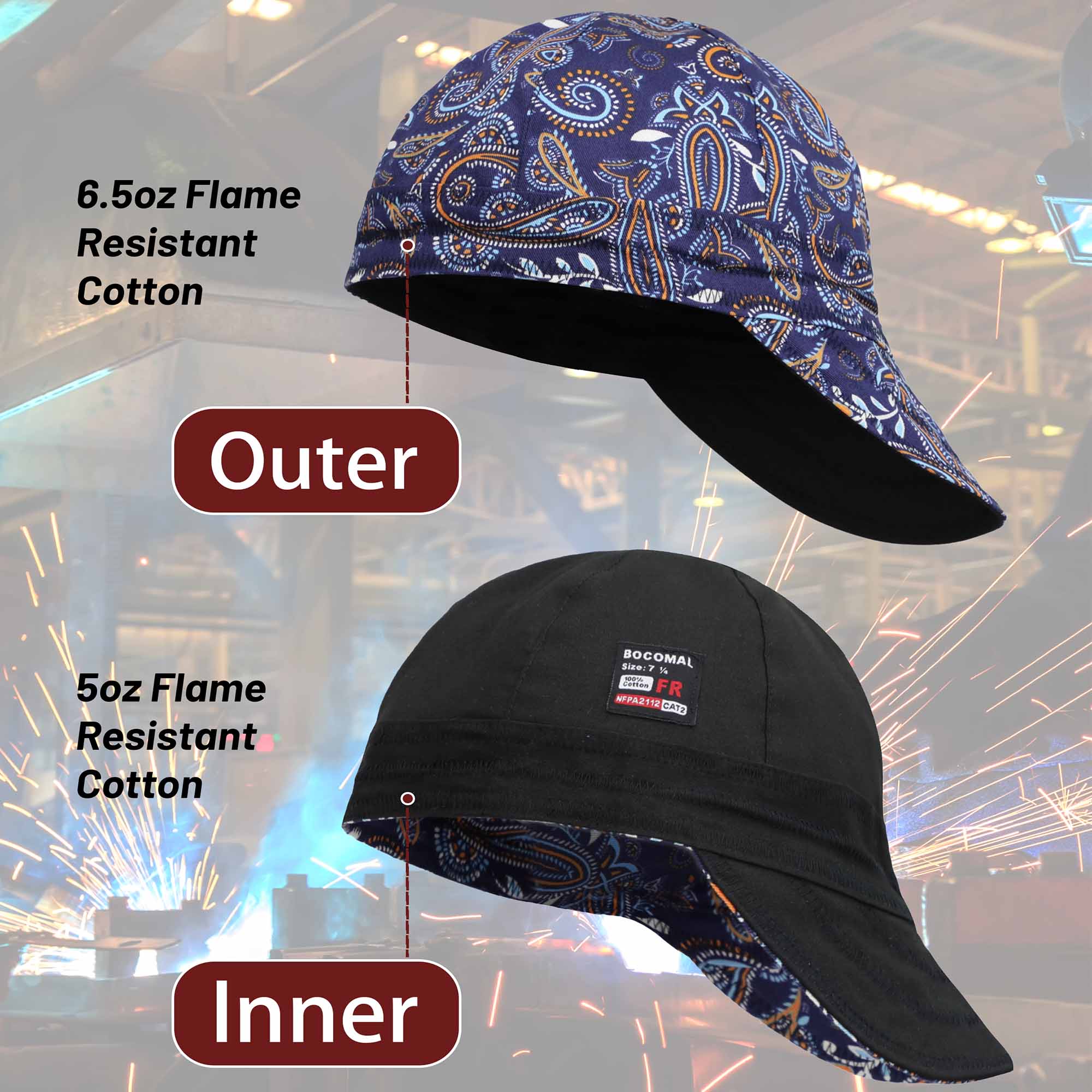 6.5OZ Mid-weight Cotton Twill Flame Resistant Paisley Printed Welding Cap - 4816S