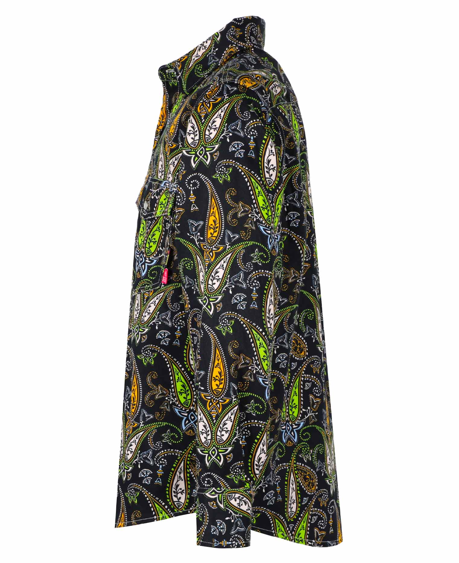 A paisley pattern eaturing green workshirt -side