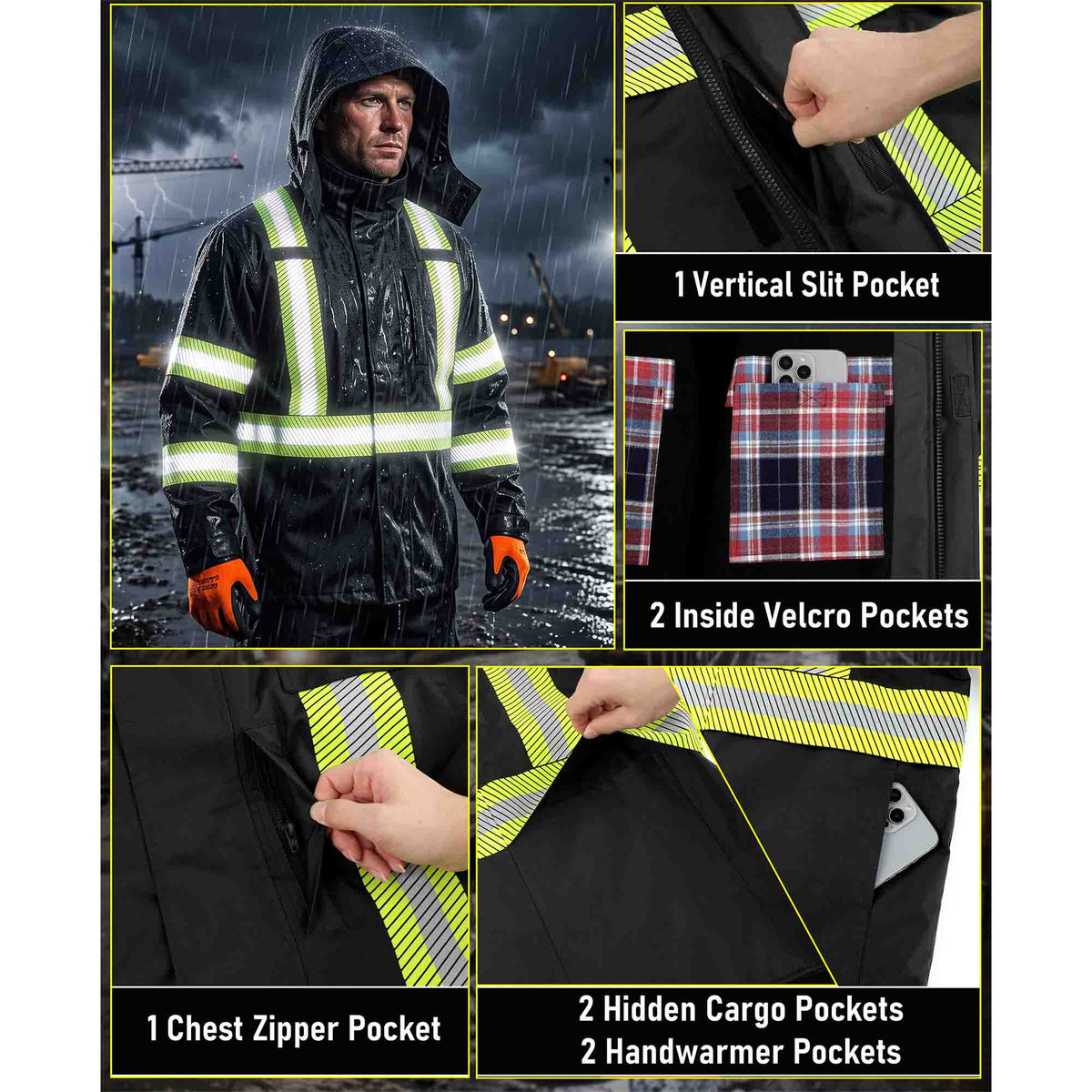 CAT3 FR Winter Rain Jacket, Hi‑Vis Type R Class3 Fleece‑Lined Waterproof Coat