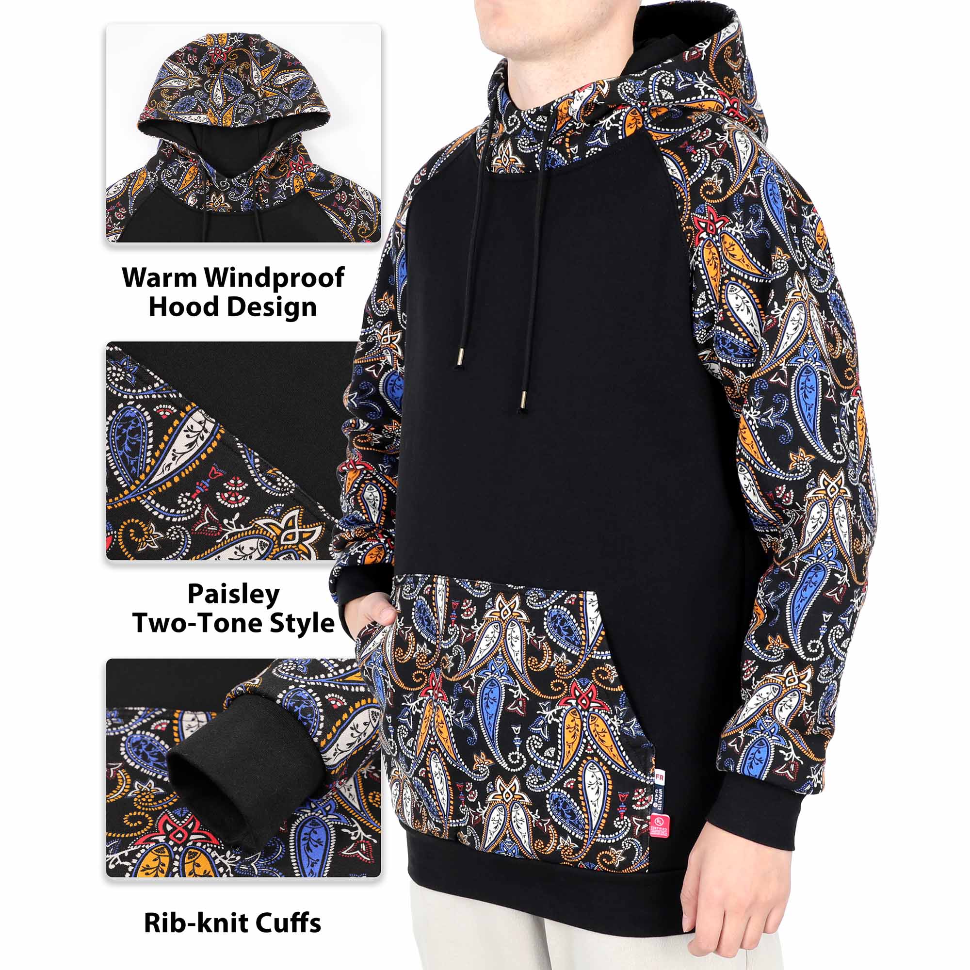 10.5OZ Paisley Printed Two Tone Cotton Fleece FR Pullover Hoodies-1109P