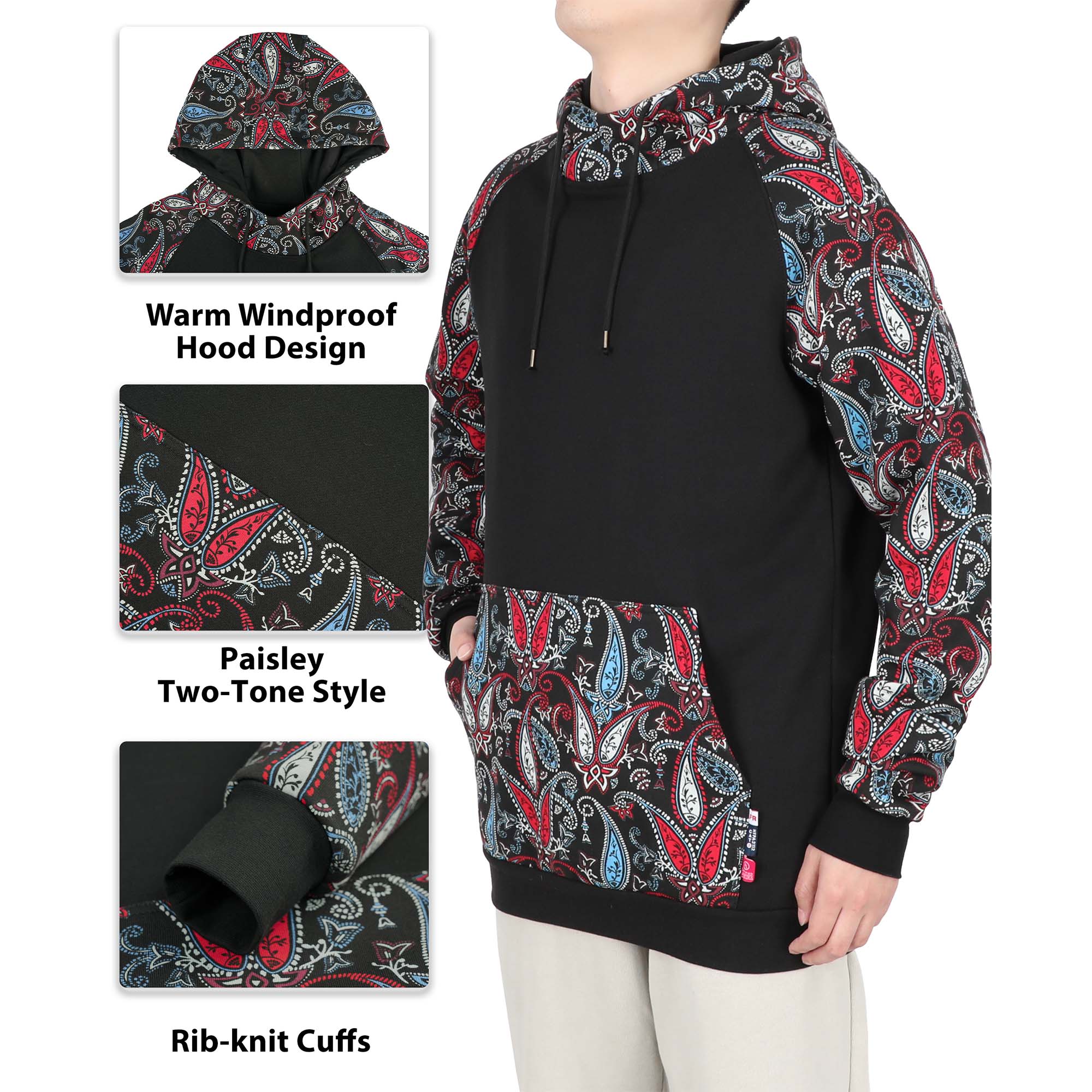 10.5OZ Paisley Printed Two Tone Cotton Fleece FR Pullover Hoodies-1109P