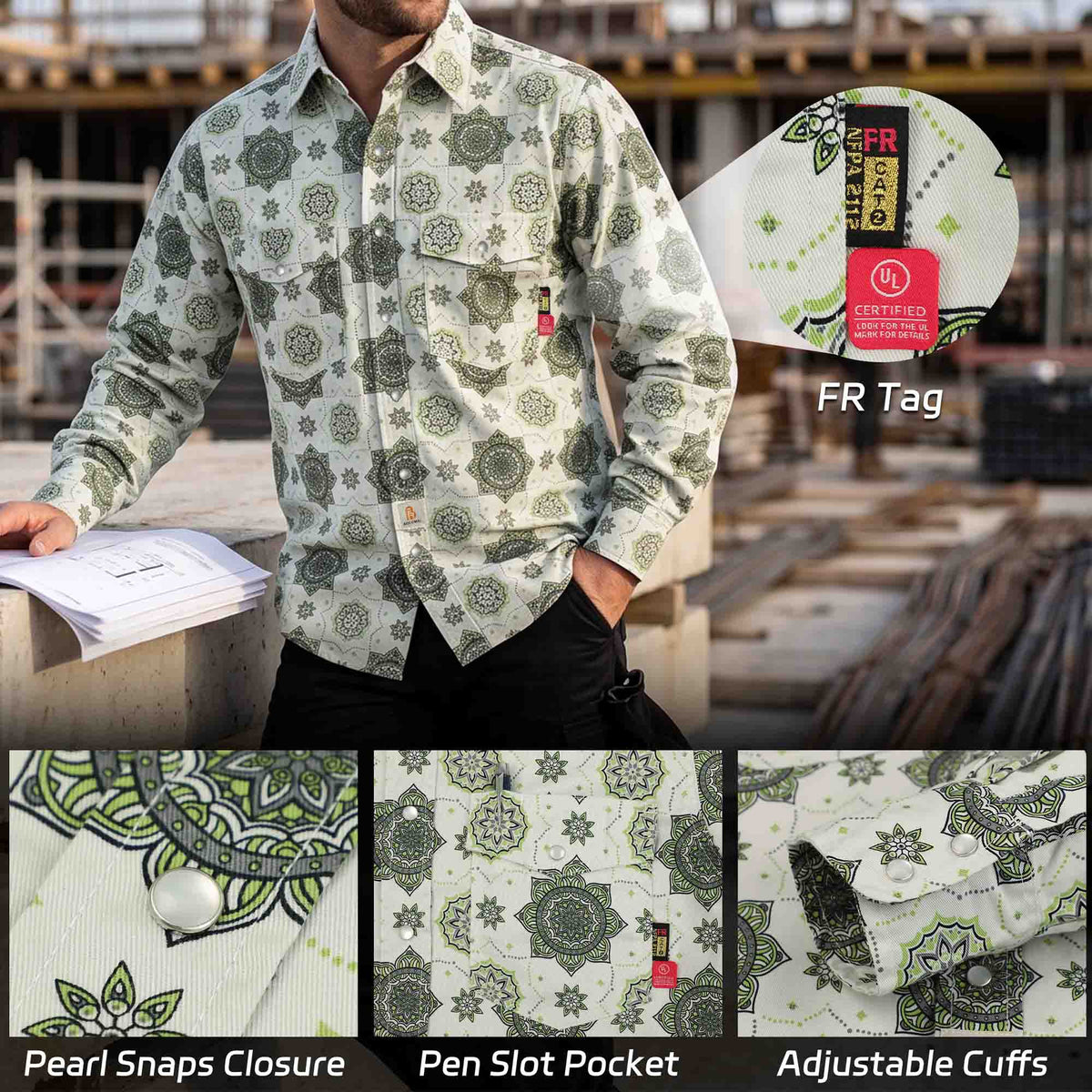 Bocomal pearl snap FR work shirt product feature image