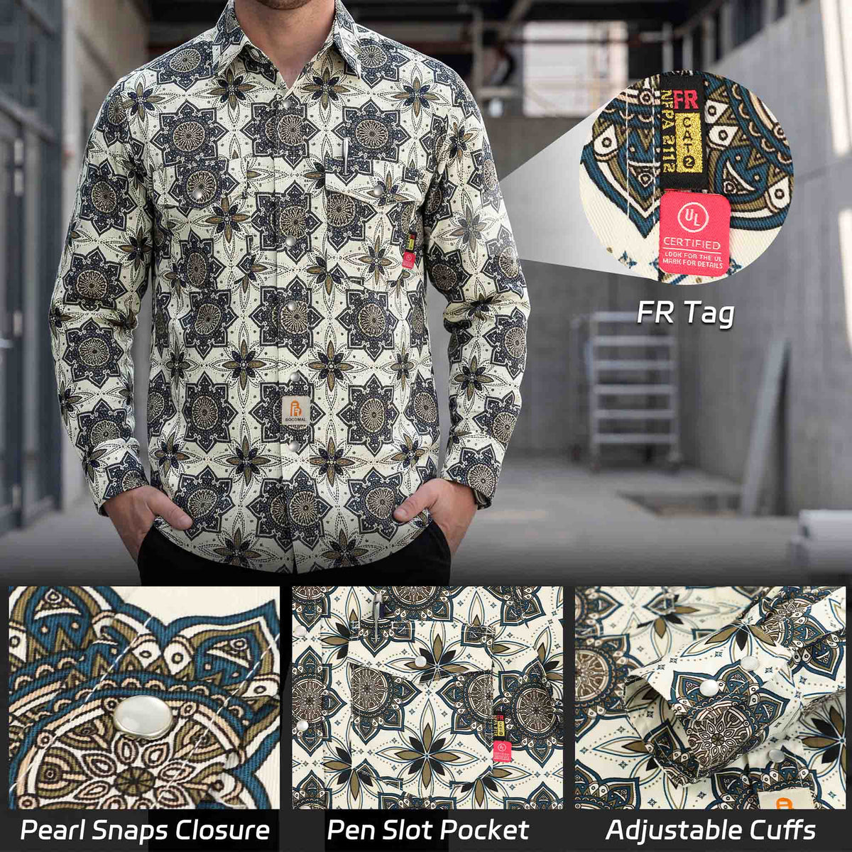 Bocomal pearl snap FR work shirt product feature image