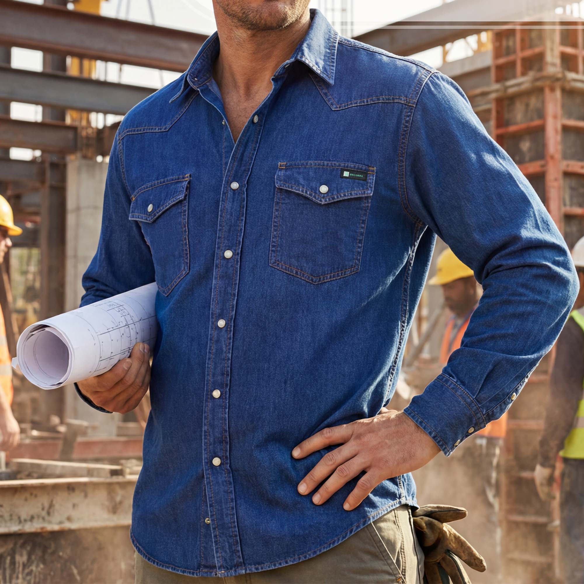 6.5OZ Work Shirts Vintage Washed Lightweight Soft Denim Pearl Snap Down-Relaxed Fit (Non FR)-0930