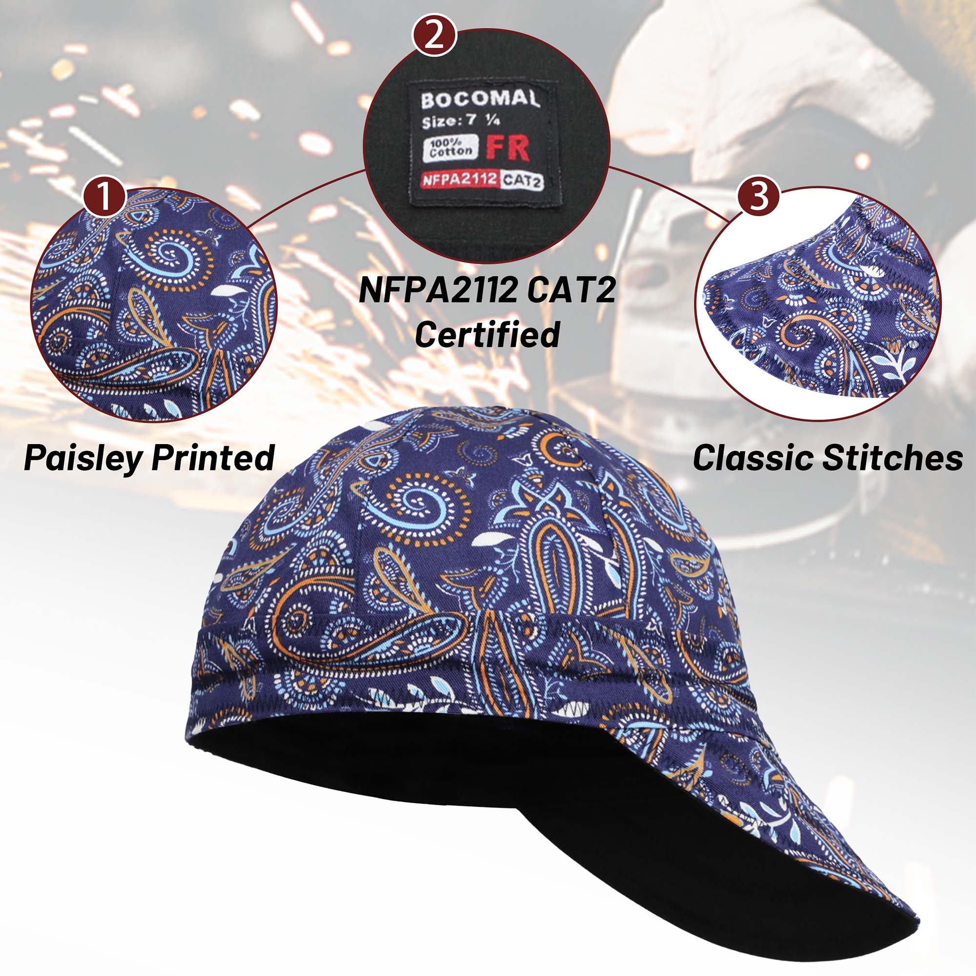6.5OZ Mid-weight Cotton Twill Flame Resistant Paisley Printed Welding Cap - 4816S
