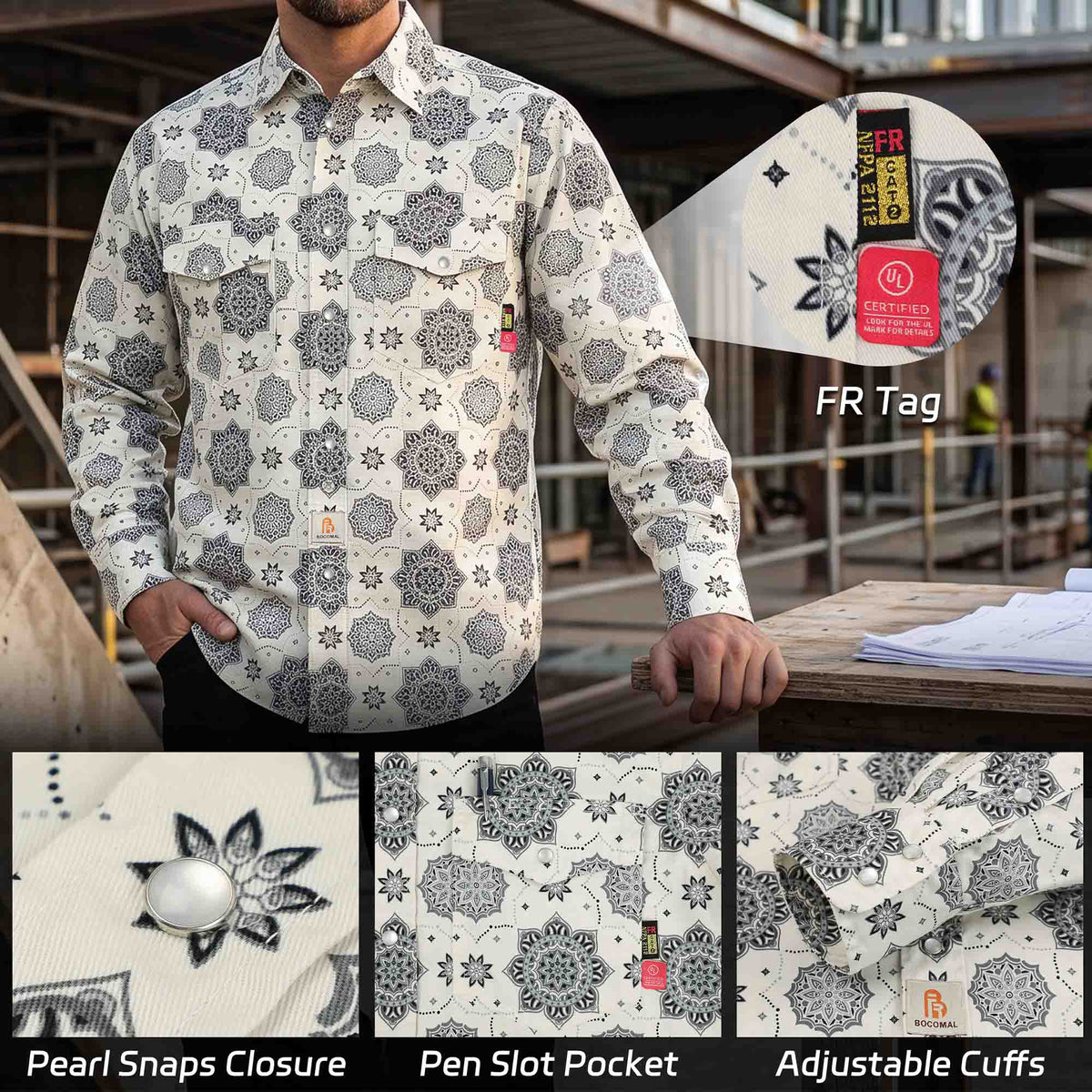 Bocomal pearl snap FR work shirt product feature image