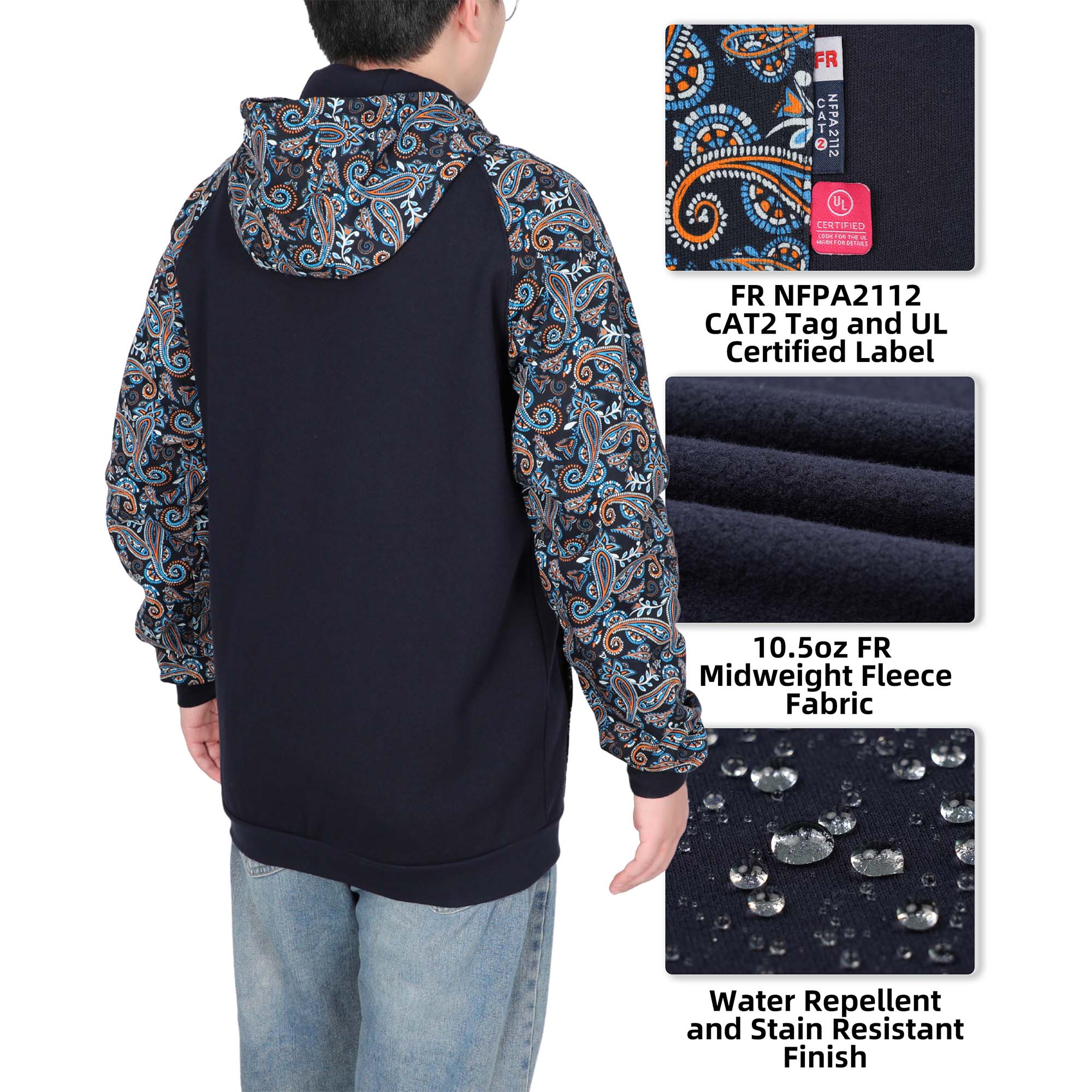 10.5OZ Cotton Fleece Paisley Printed Zipper Front FR Hooded Sweatshirts -9909P