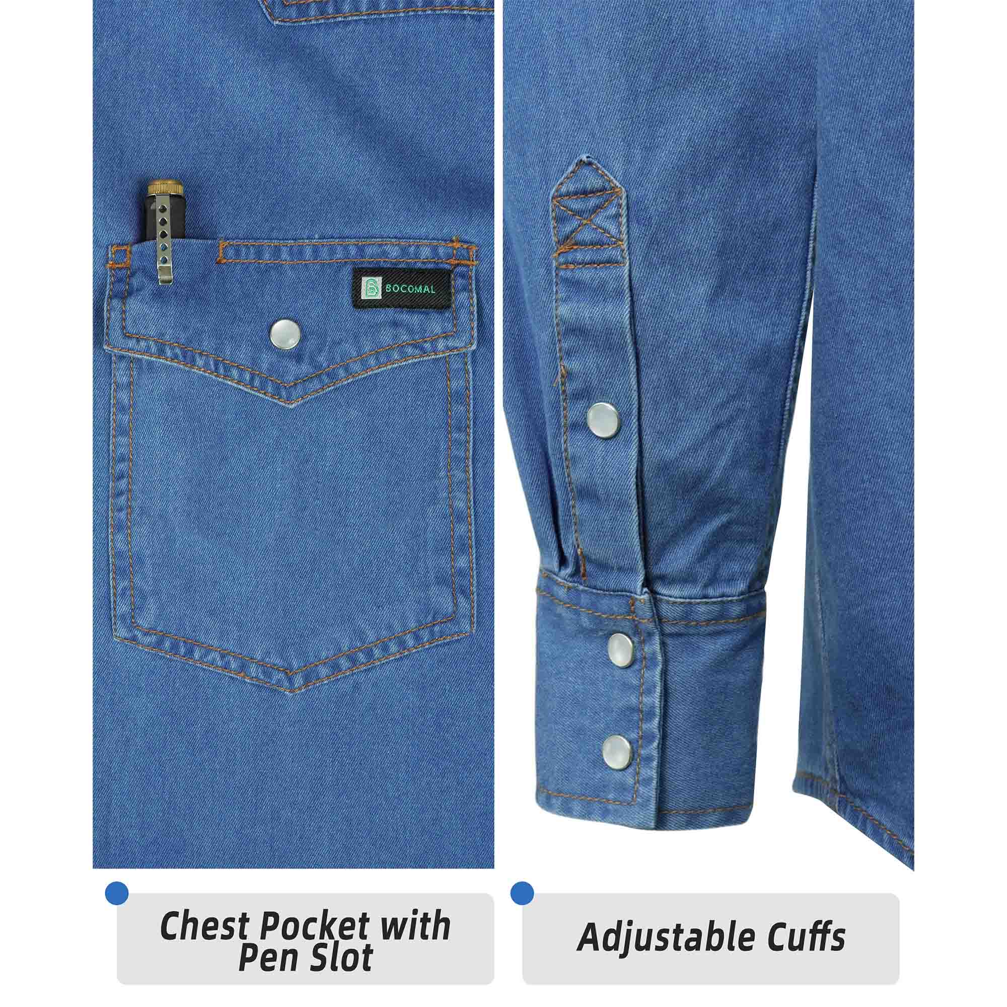 6.5 oz Washed Denim Pearl Snap Work Shirt 0930 | Bocomal