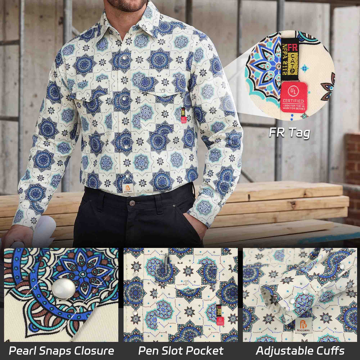 Bocomal pearl snap FR work shirt product feature image