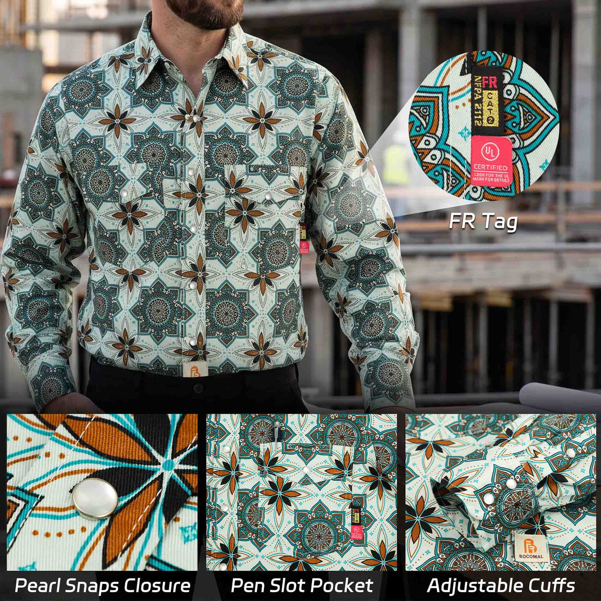 Bocomal pearl snap FR work shirt product feature image