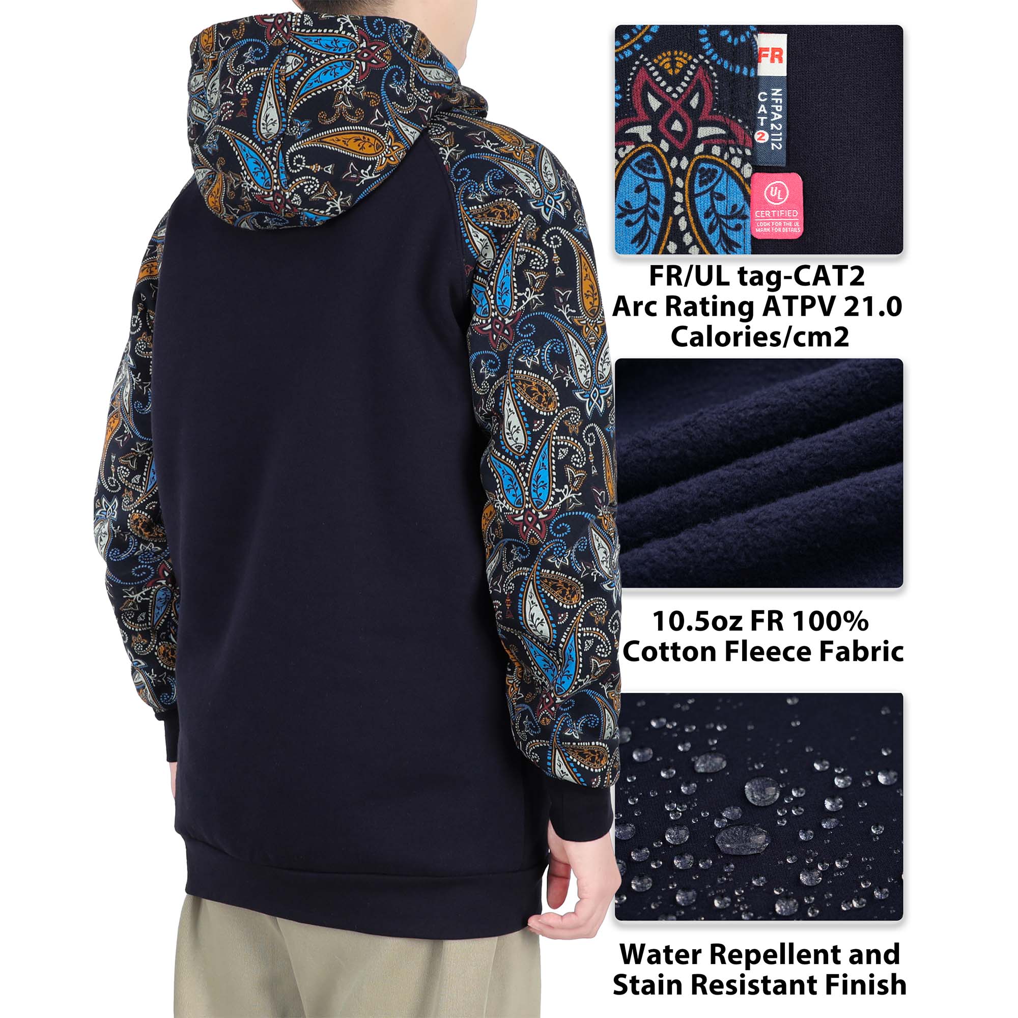 10.5OZ Paisley Printed Two Tone Cotton Fleece FR Pullover Hoodies-1109P