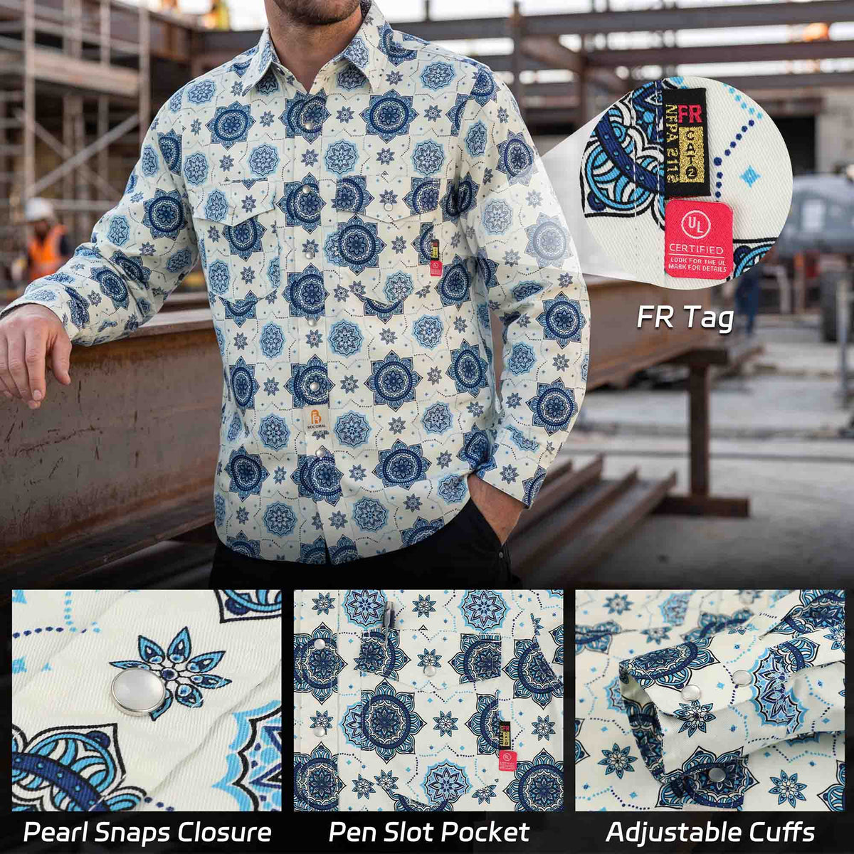Bocomal pearl snap FR work shirt product feature image