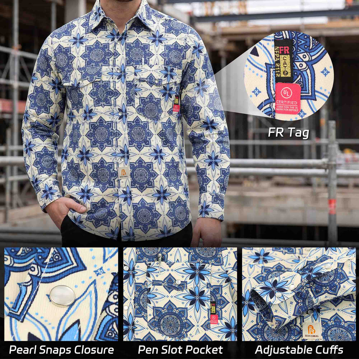Bocomal pearl snap FR work shirt product feature image