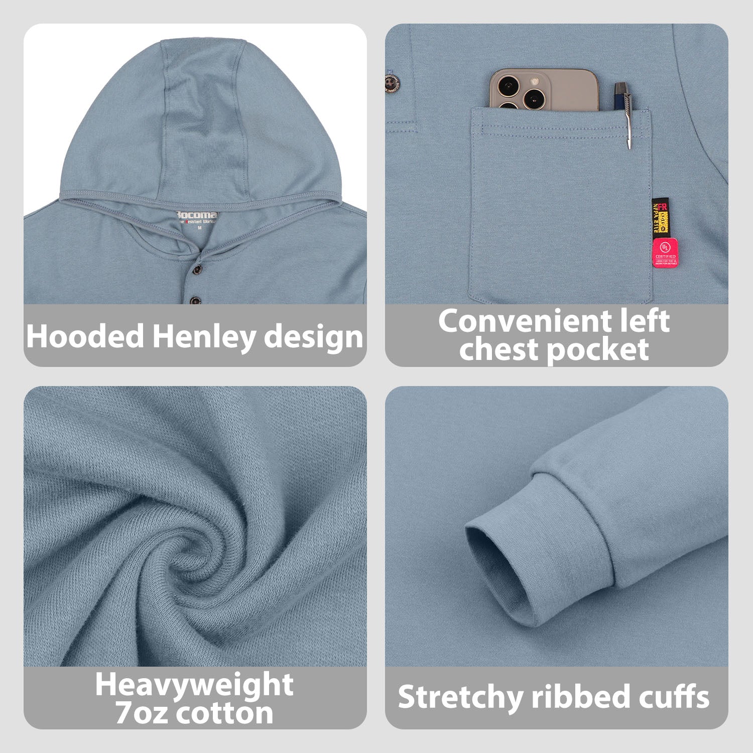 7OZ Cotton Flame-Resistant Hooded Henley T-Shirt (Clearance: Limit 2pcs)- B103