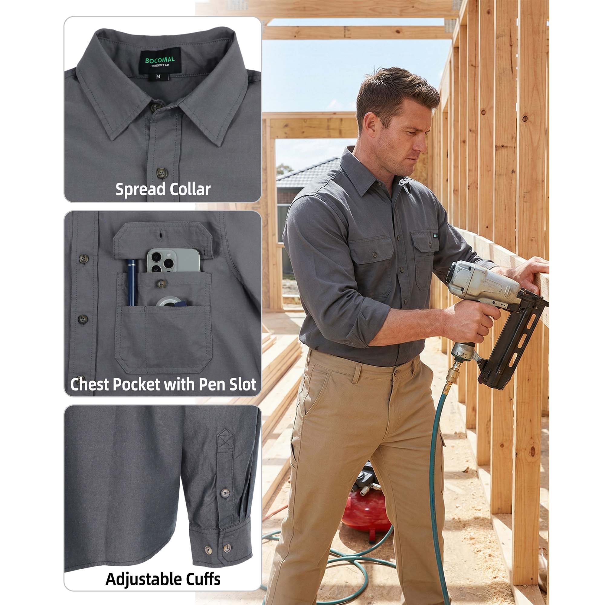 Men's Lightweight 100% Cotton Chambray Work Shirts (NON-FR)-SH041J