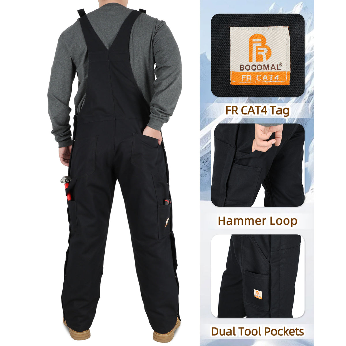 Bocomal 8704 zip-front insulated FR bib overalls product feature image