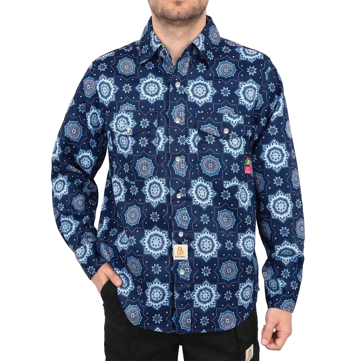 Bocomal pearl snap FR work shirt product feature image