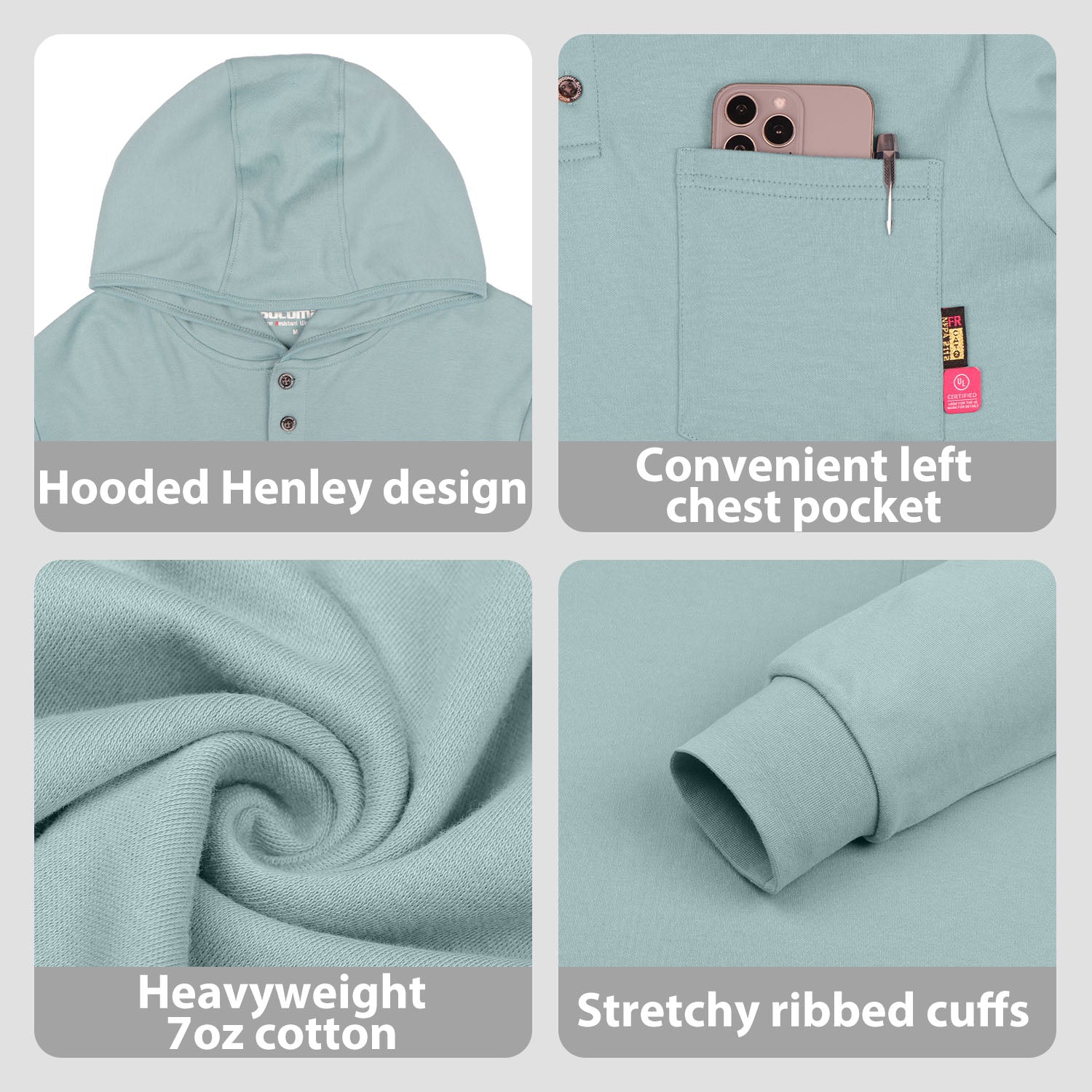 7OZ Cotton Flame-Resistant Hooded Henley T-Shirt (Clearance: Limit 2pcs)- B103