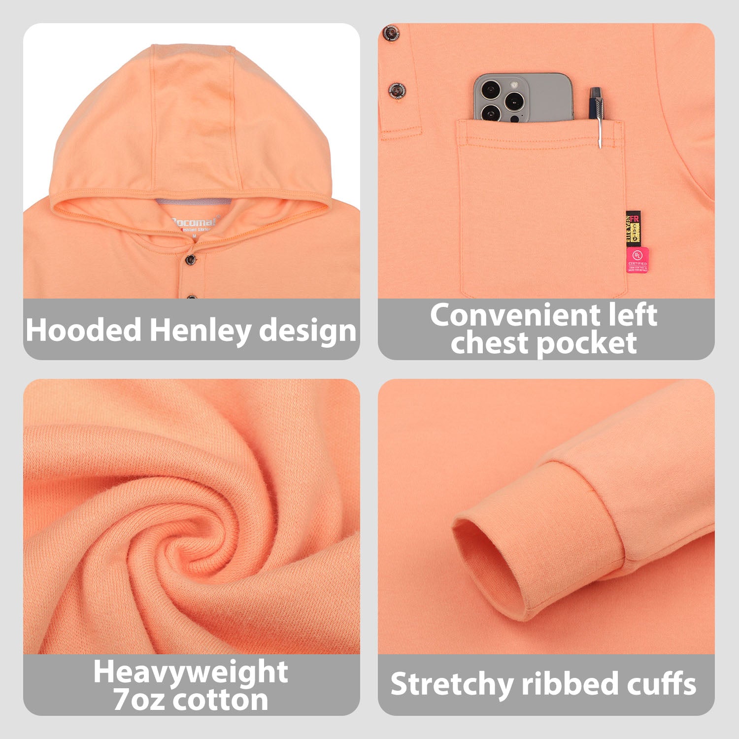 7OZ Cotton Flame-Resistant Hooded Henley T-Shirt (Clearance: Limit 2pcs)- B103