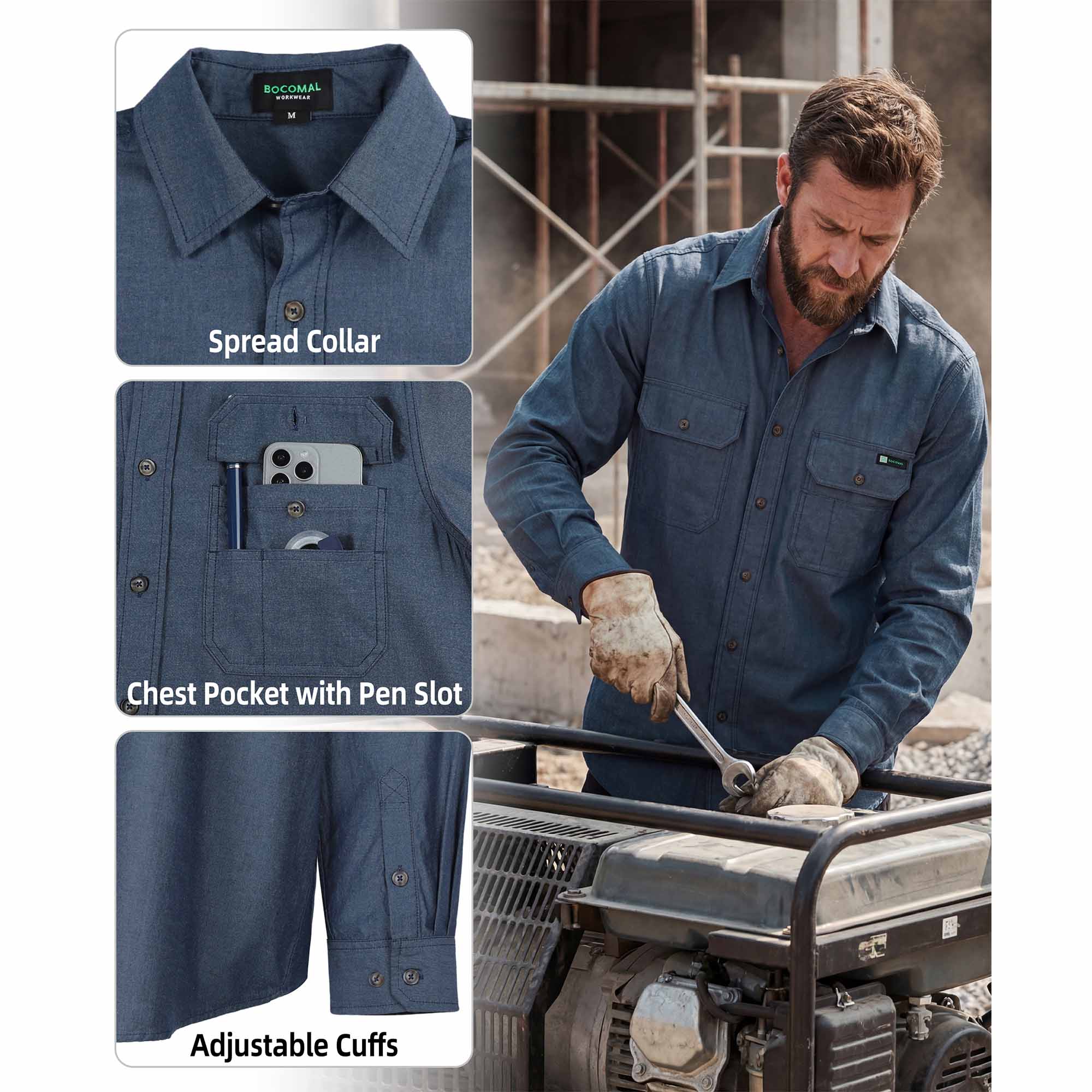 Men's Lightweight 100% Cotton Chambray Work Shirts (NON-FR)-SH041J