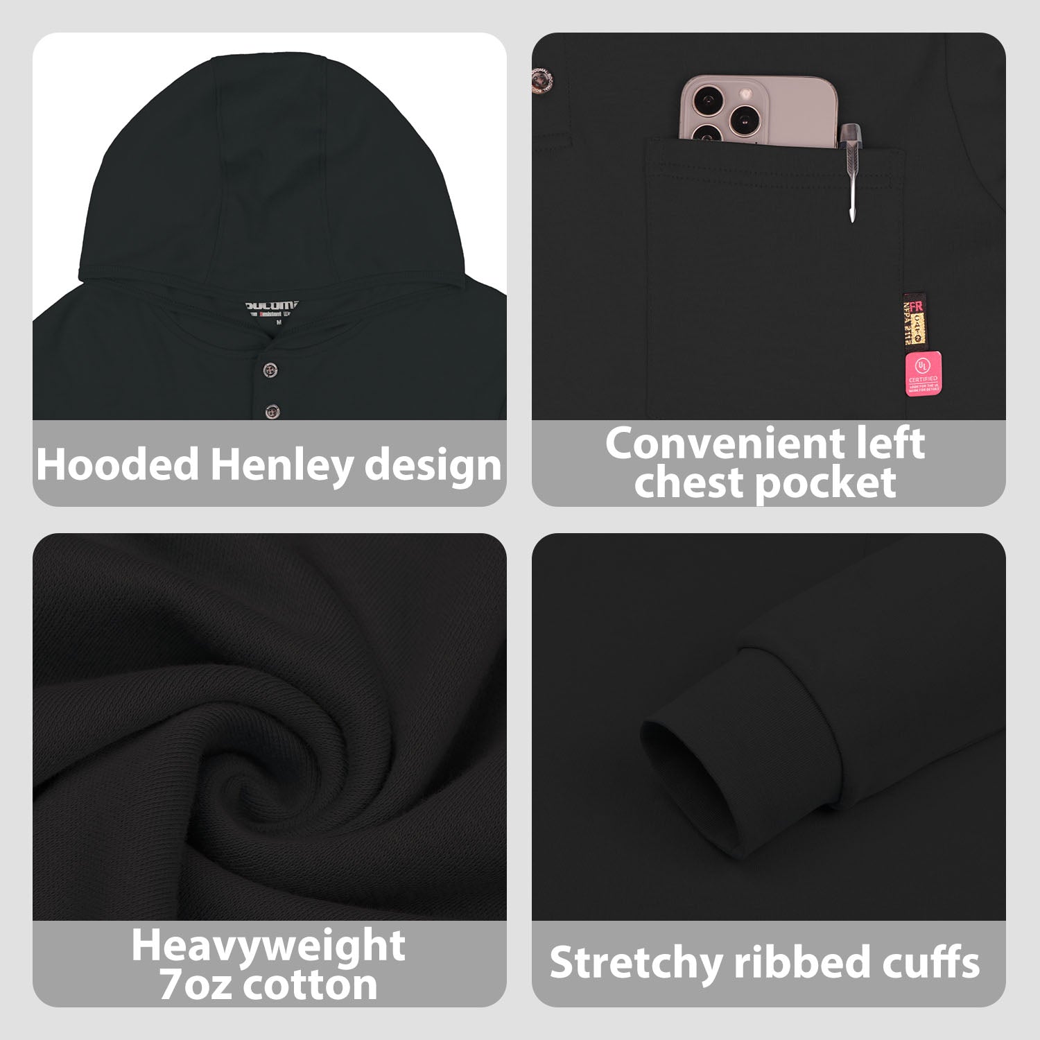 7OZ Cotton Flame-Resistant Hooded Henley T-Shirt (Clearance: Limit 2pcs)- B103