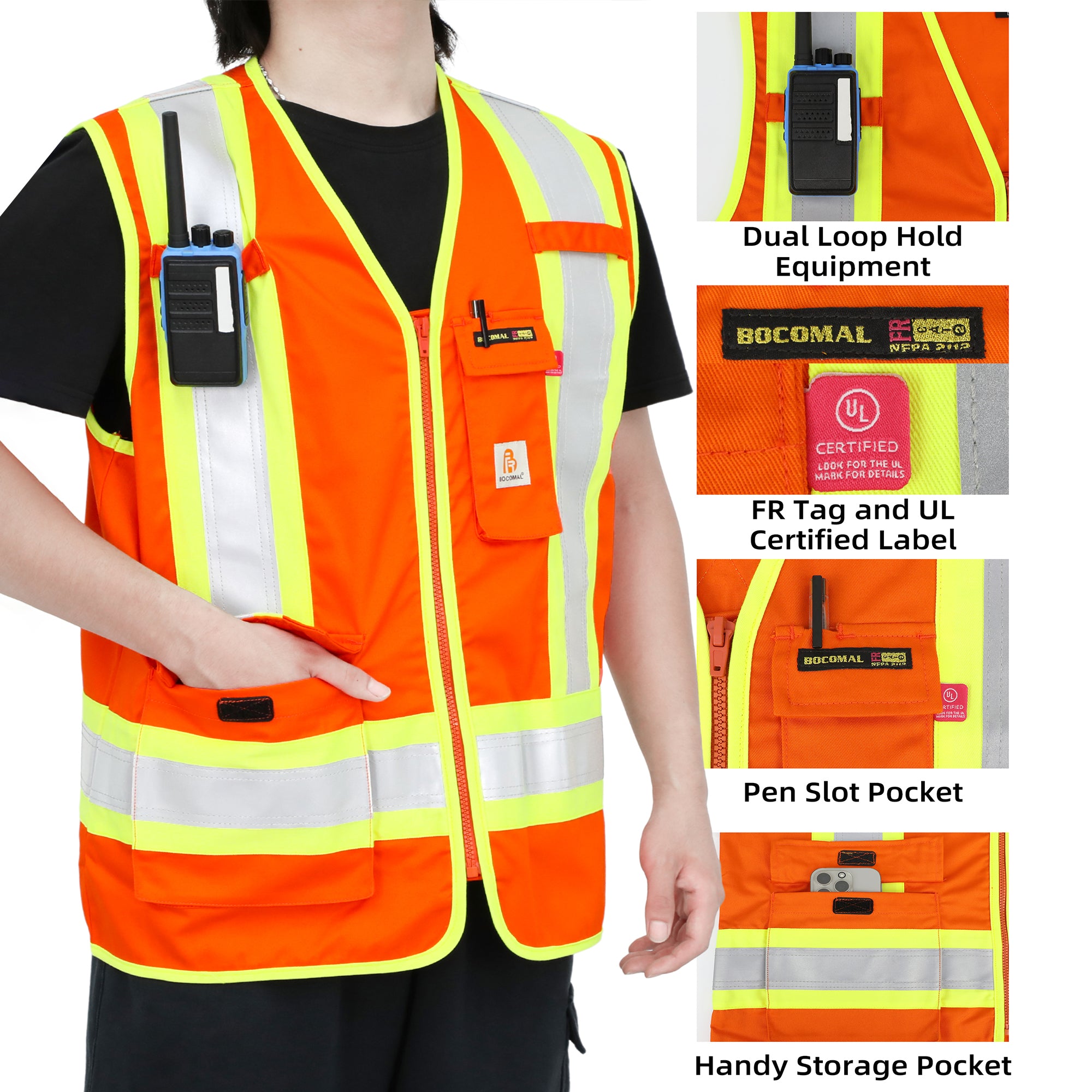 7.5OZ 4”Tape Hi Vis FR Zipper Vest-3402HV