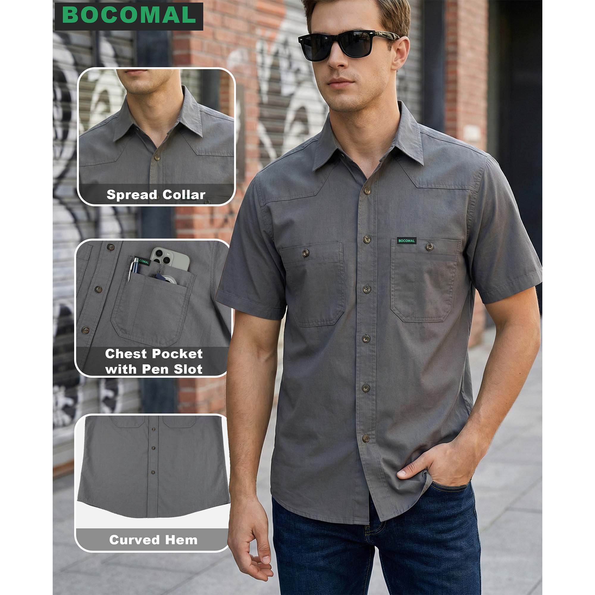 5OZ Men's Short Sleeve Button Down Work Shirts （NON-FR）- SH041K