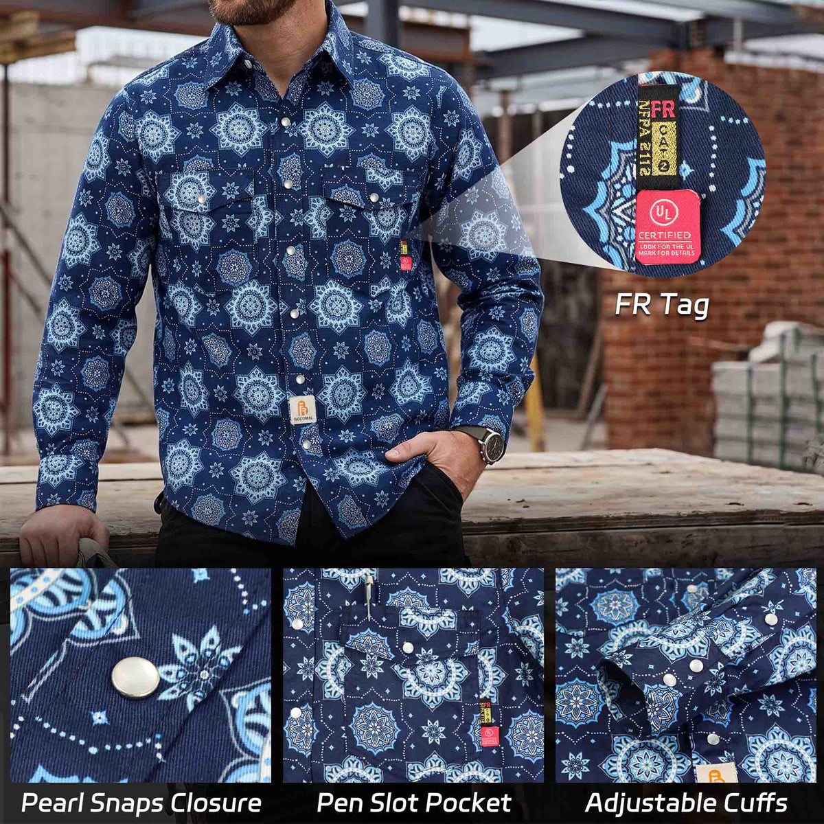 Bocomal pearl snap FR work shirt product feature image