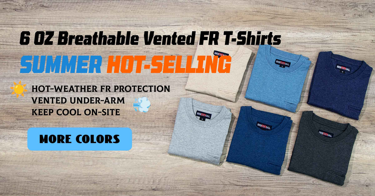 Six folded FR t-shirts in various colors 