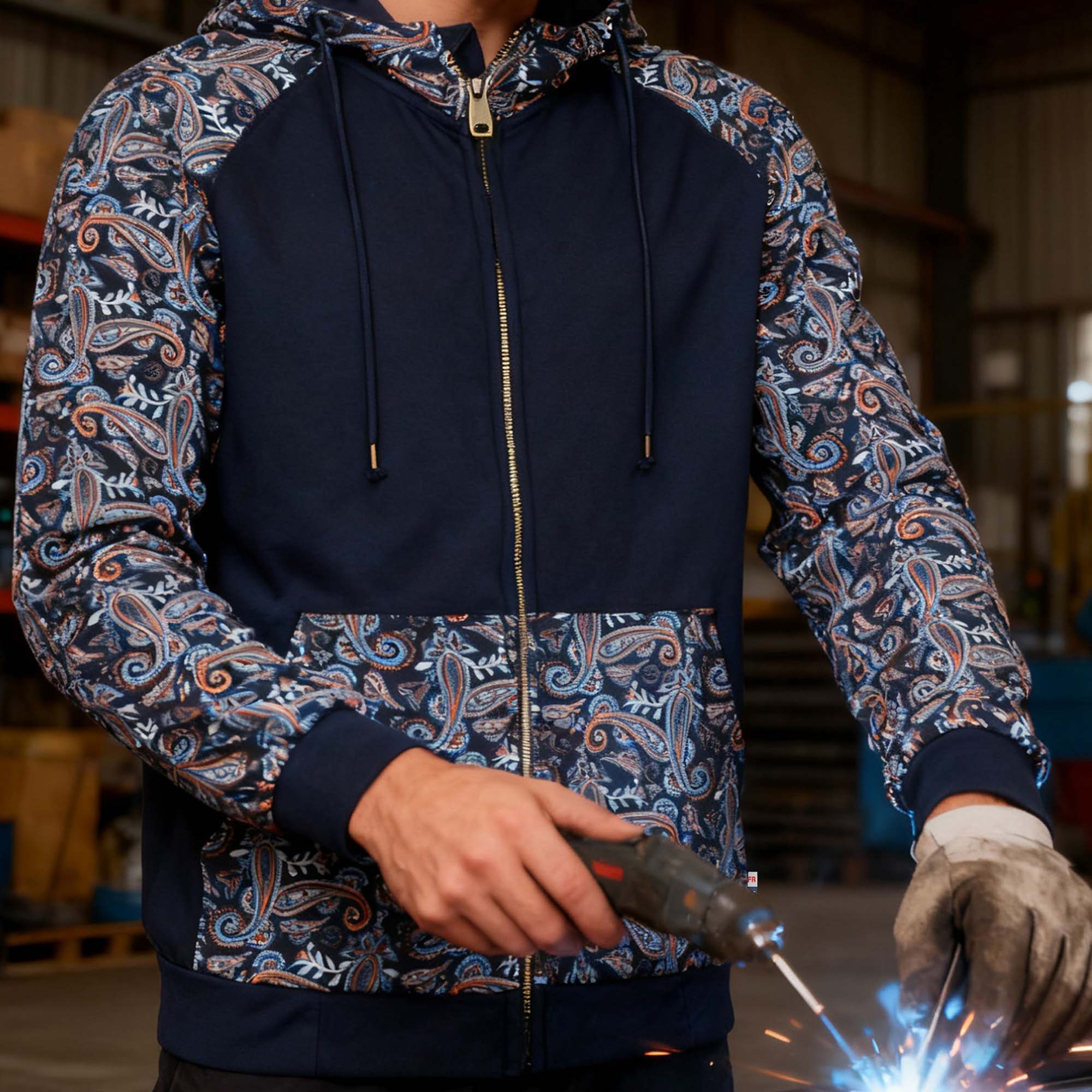 10.5OZ Cotton Fleece Paisley Printed Zipper Front FR Hooded Sweatshirts -9909P